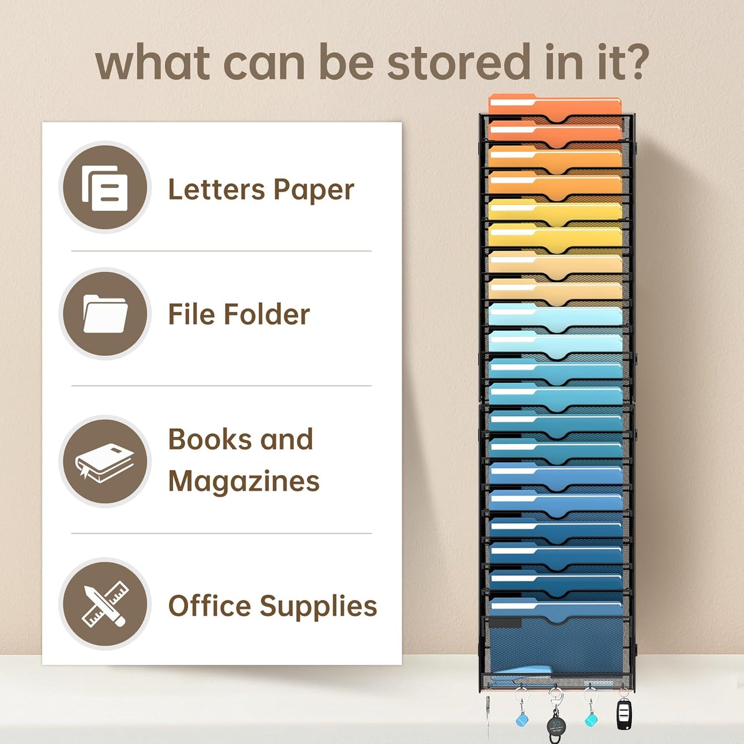 SUPEASY 21-Tier Wall File Holder Organizer with Hooks, Mesh Hanging File Organizer, Mail Organizer Wall Mounted for Papers, Folders, Office Magazine Rack, Assembly Needed, Black