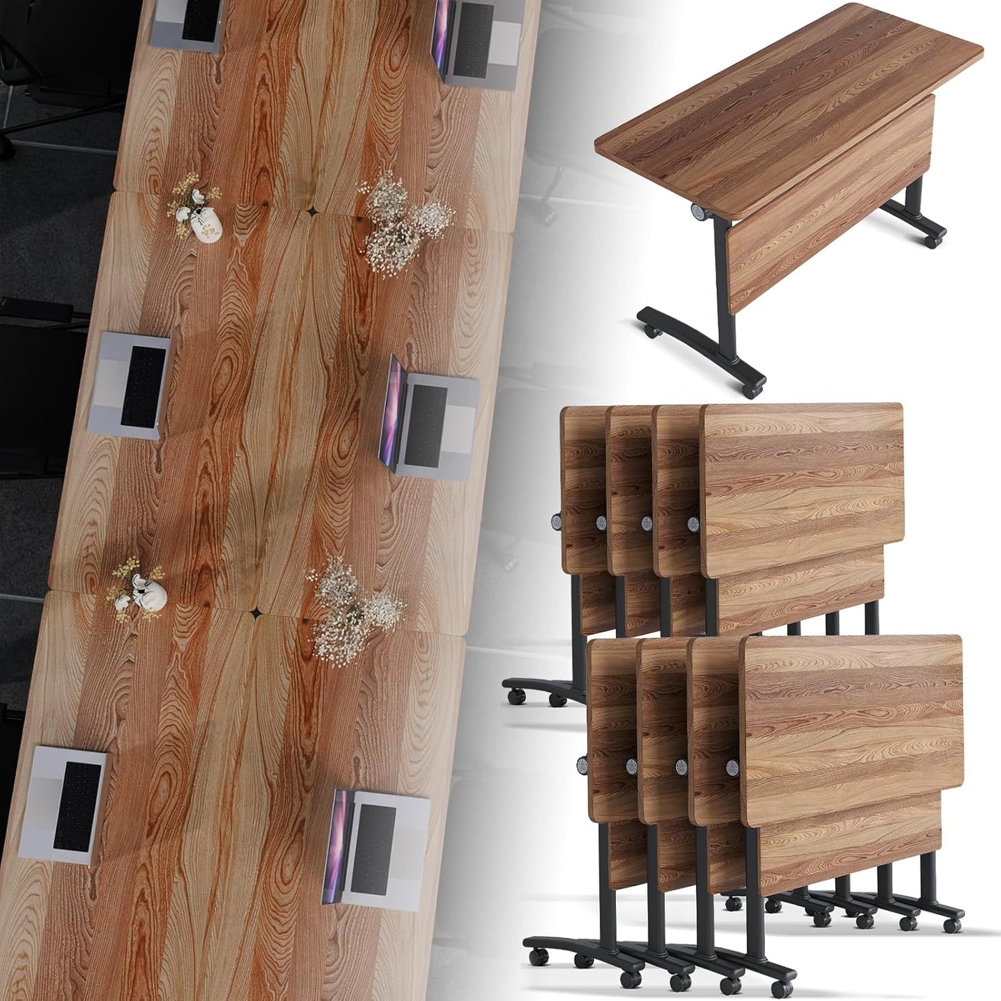 Folding Conference Room Table, Modern Conference Tables with Silent Wheels, Large Rectangular Mobile Training Tables for Office Classroom, Foldable Modular Boardroom Seminar Table (8pack L63in)