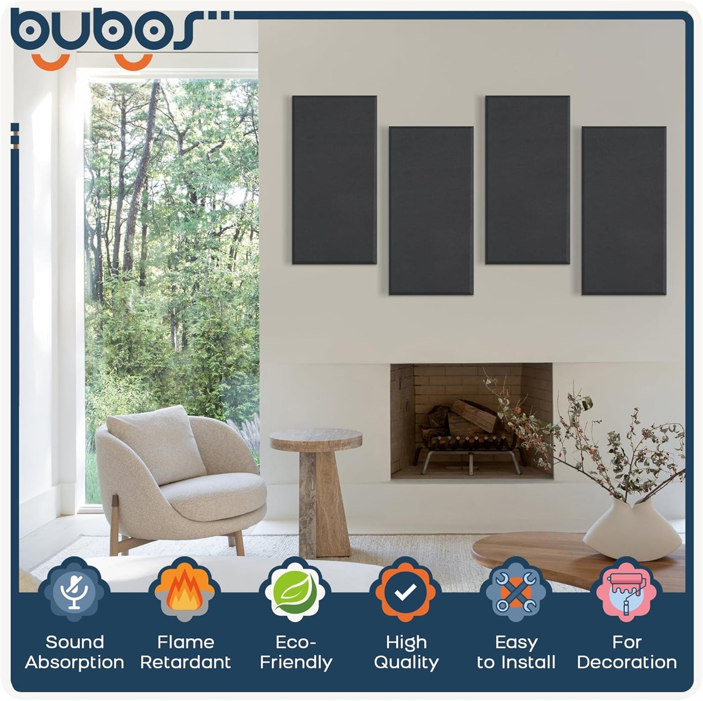 BUBOS 4 PCS Fabric Acoustic Panels,23.6''x11.8''x2'' Sound Proof Panels for Walls,Self-adhesive Soundproof Wall Panels for Echo Absorption for Home Studio Office,Standard CavityPro Black