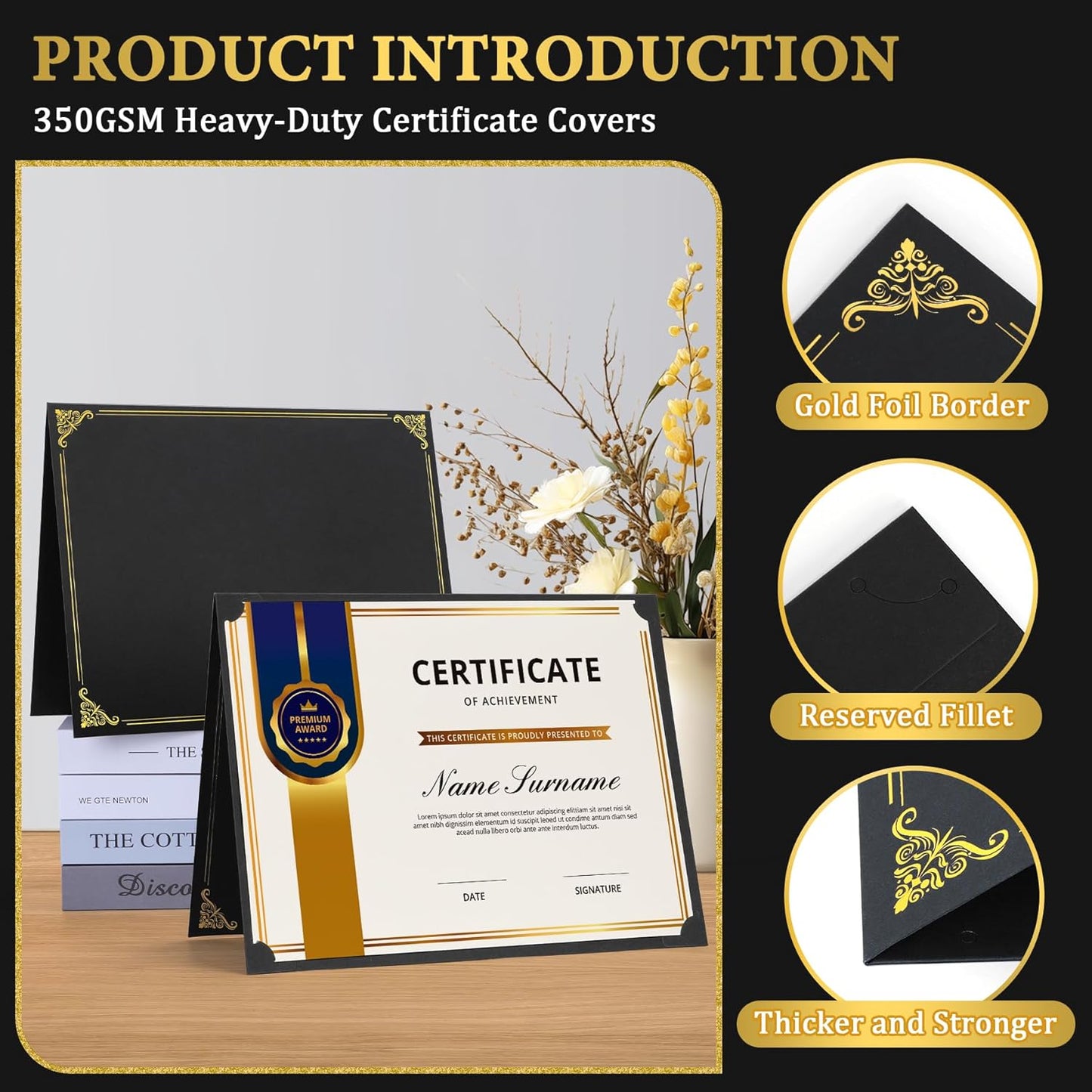 Ndsox 50 Packs Black Certificate Holders, Graduation Diploma Holders, 350GSM, Diploma Covers with Gold Foil Border for Letter Size 8.5" x 11" Award Certificate Paper, Cardstocks and Documents