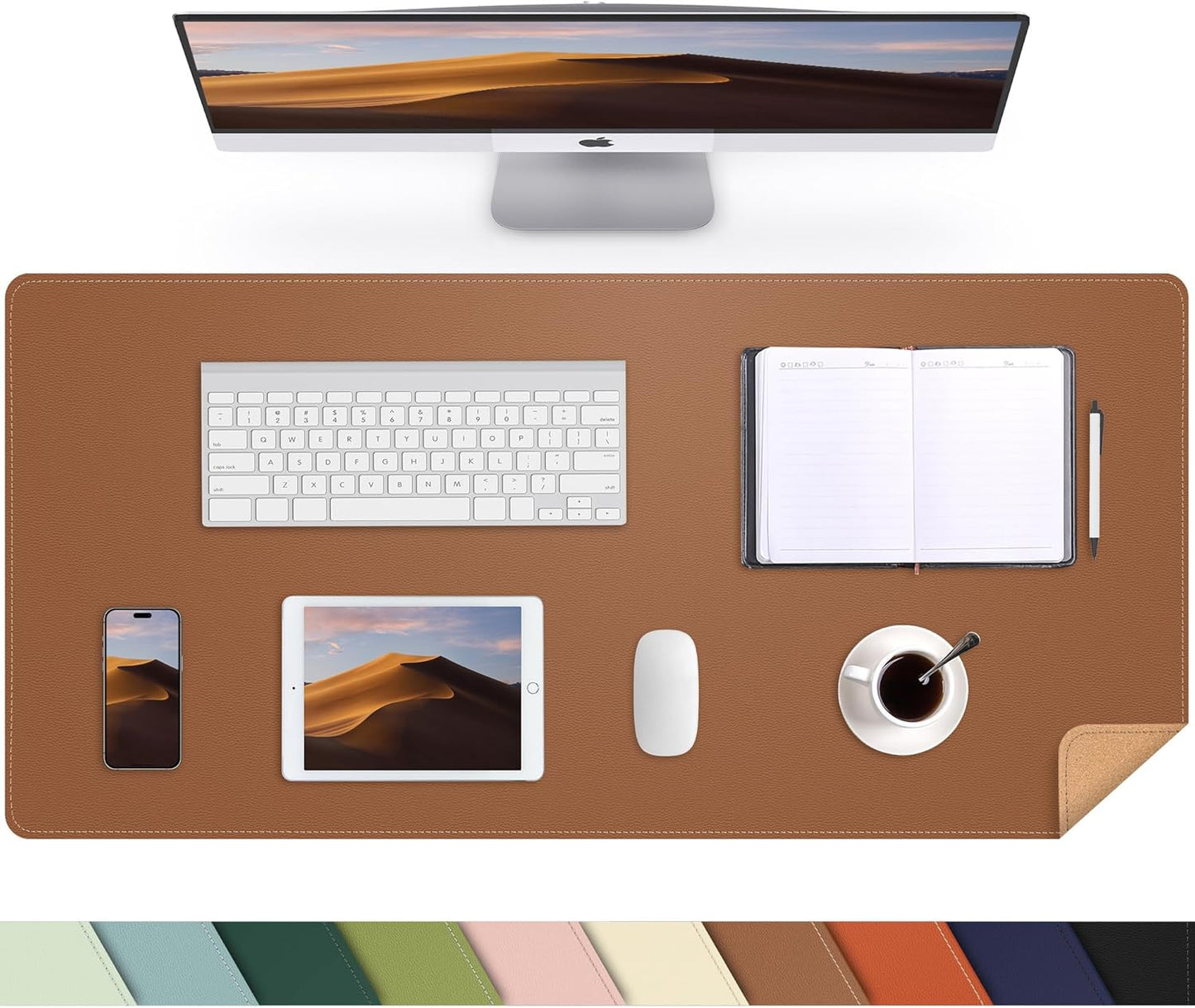 Leather Desk pad Protector, Large Desk mat with Natural Cork & PU Leather,Mouse pad,Non-Slip Office Desk Mat,Waterproof Desk Writing Pad for Office and Home (35in*17in, Brown)