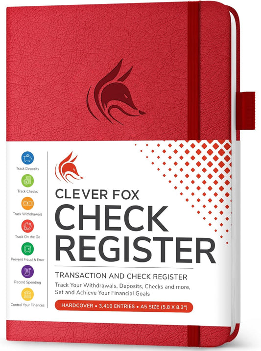 Clever Fox Check Register Book - Deluxe Transaction Register, Accounting Ledger Book, Checkbook Register & Checking Account Register Book for Personal and Work Use, A5 Hardcover - Red