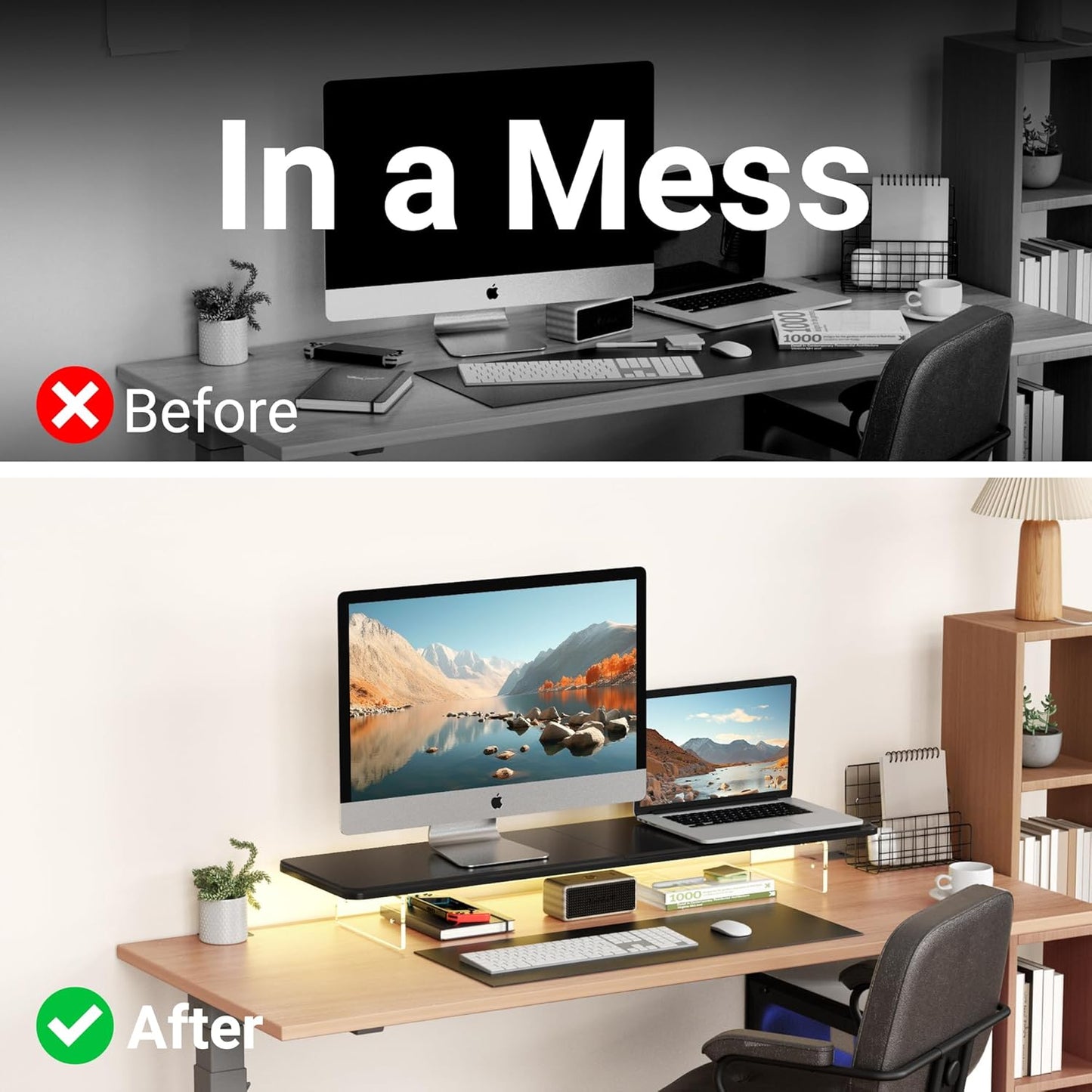 Monitor Stand Riser,31.5-Inch LED Light Wood Computer Monitor Stand with Adjustable Acrylic Legs,Desk Accessories Desktop Organizer Stand for Computer,Laptop,Printer,PC TV Screen Riser，Black