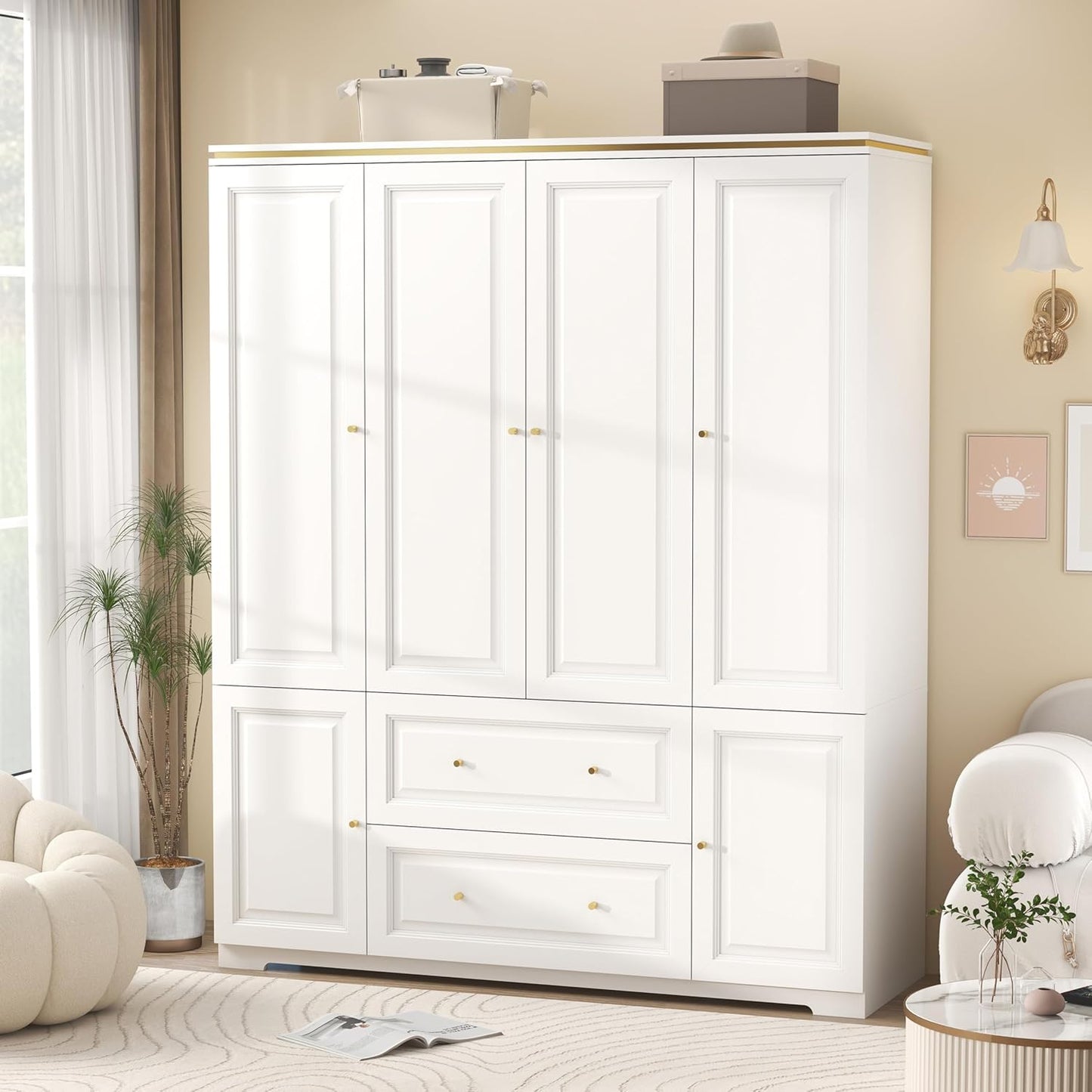 White Armoire Wardrobe Closet with Drawers: Wardrobe Closet for Hanging Clothes, Modern Bedroom Armoires with Hanging Rod, Wardrobes Closets with 4 Doors and Shelves (White, 59")