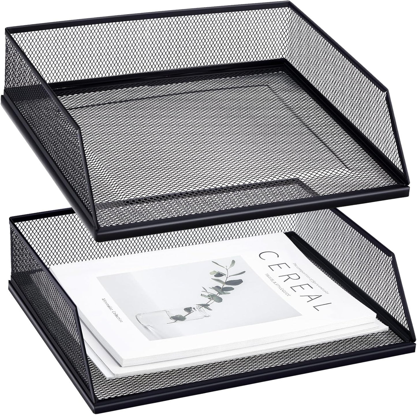 Hicarer 2 Pcs Black Metal Letter Tray Stackable Desk Tray Single Wire Mesh Organizer Front Load File Paper Holder for Desktop Office Home School Classroom (9.84 x 12.8 Inch)