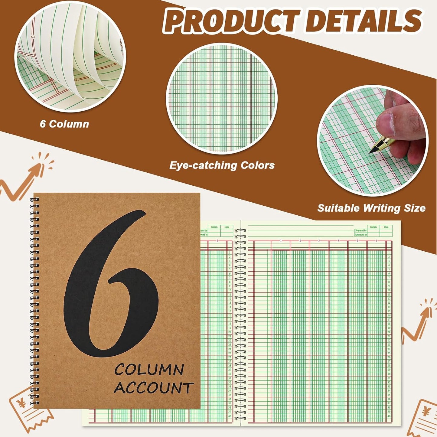 2 PCS 6 Column Ledger Book Columnar Pad Analysis Pad 6 Columns Accounting Logbook Columnar Pad Notebook Ledger Book Spiral 80g 100 Pages 8.5X11 Inch Accounting Notebook for Small Business Personal Use