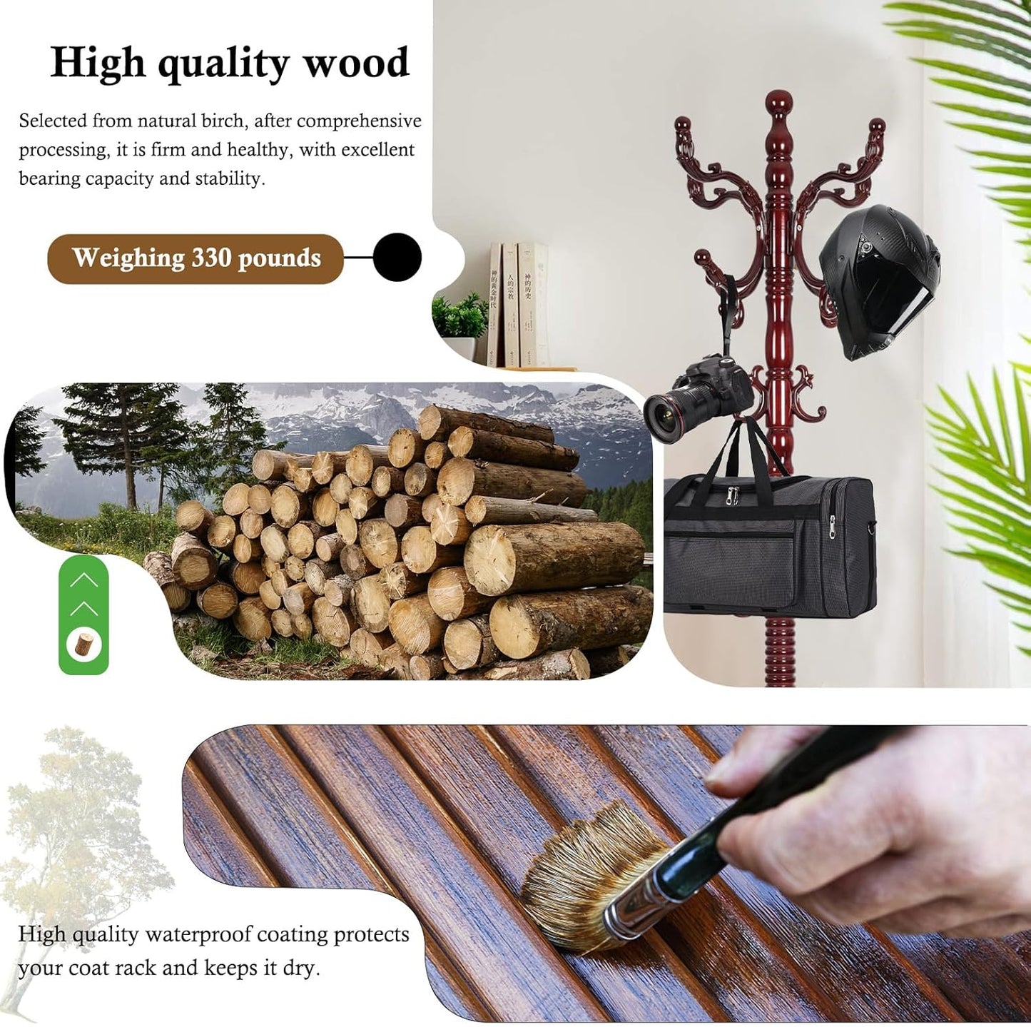 Coat Rack Stand, Solid Wooden Coat Tree with 14 Hooks, Heavy Duty Coat Rack Freestanding with Sturdy Round Base, Natural Birch Wood Coat Hanger Stand for Entryway Bedroom (Triangle Redwood)