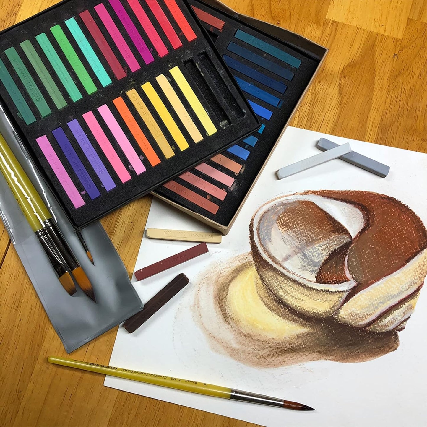 Charvin Artist Colored Chalk Pastels (Set of 48) - Water Soluble, Assorted Pastel Color Sticks for Wet, & Dry Painting