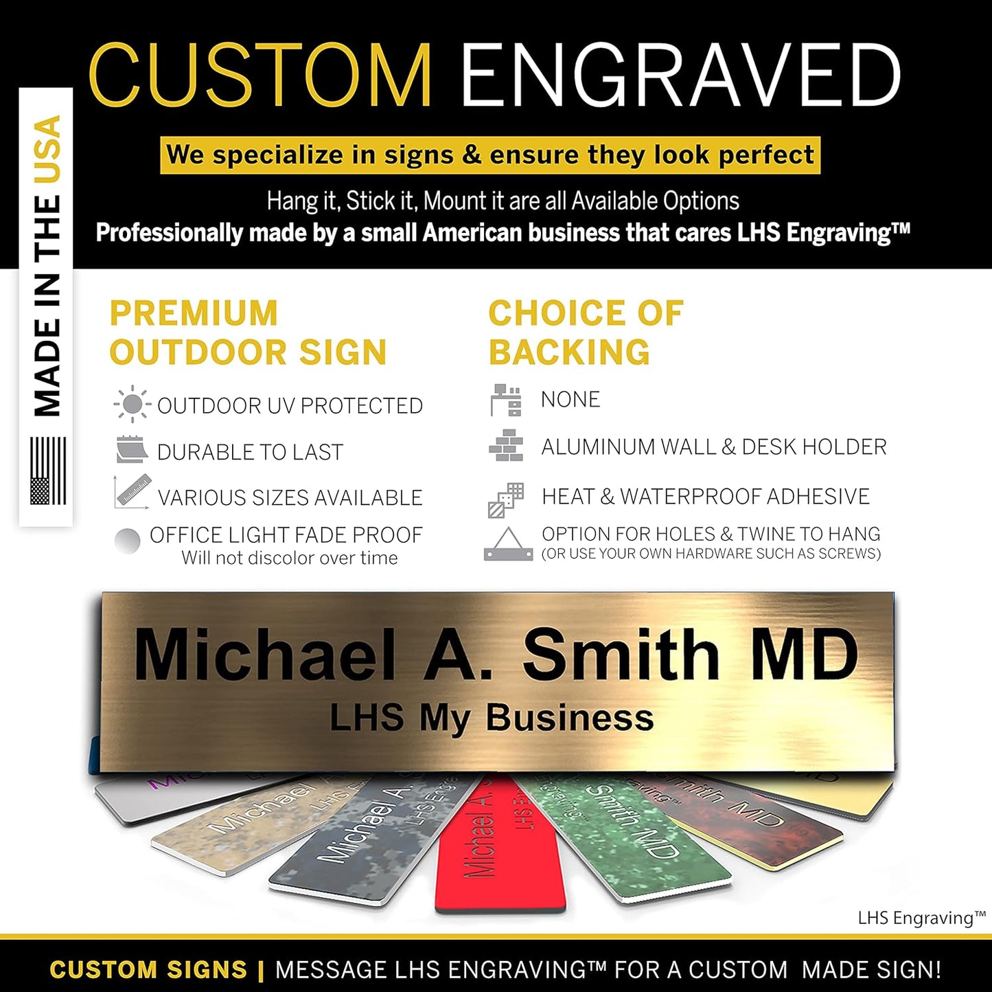 Engraved Name Plates for Door Sign Personalized Brushed Copper Pattern Plastic Plaque with Black Letters - Made in USA 2x12 M5