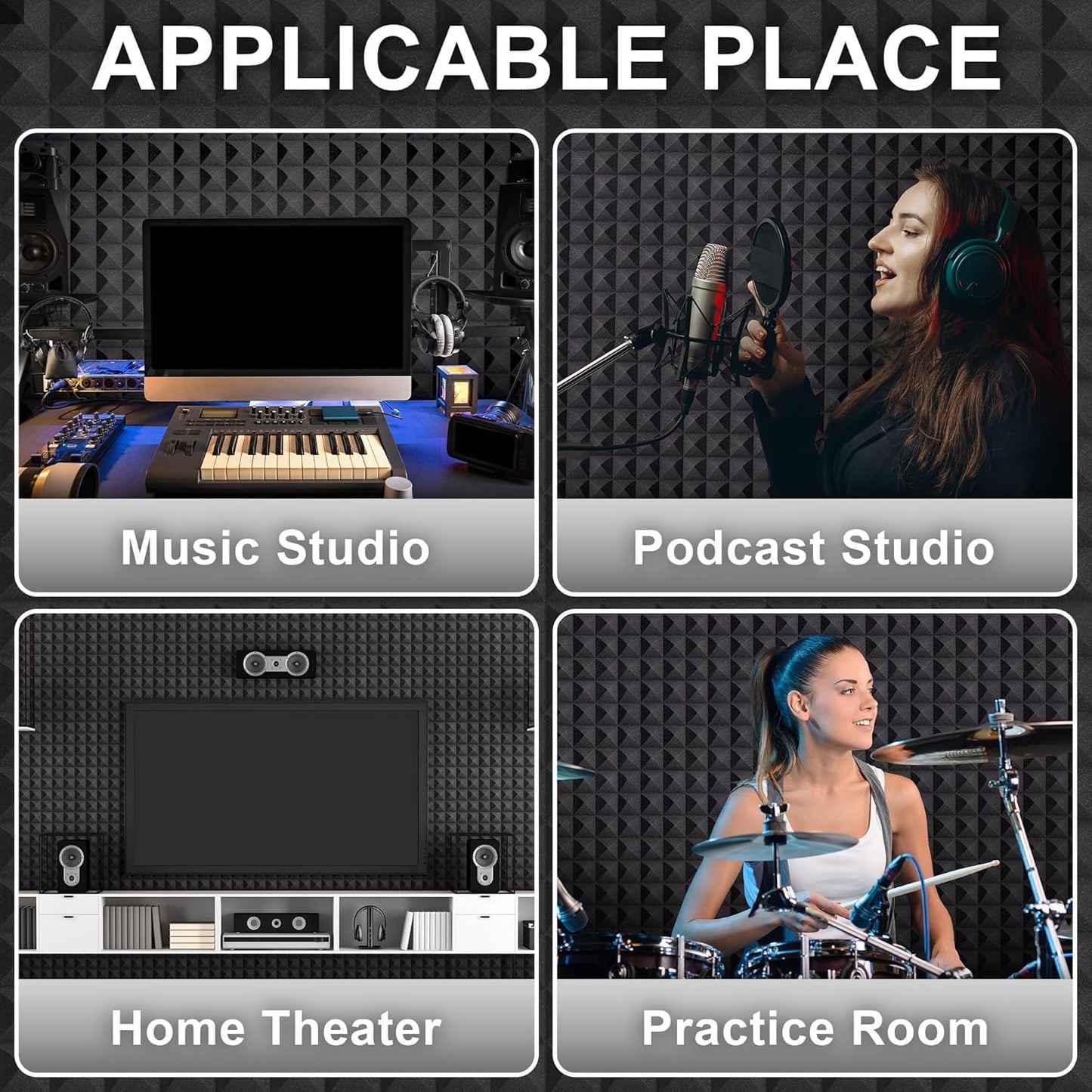 Foneso Acoustic Foam Panels 12Pack, 12''x12''x2'' High Density Sound Proof Foam Panels for Walls, Pyramid Designed Acoustic Panels Sound Absorbing for Sound Studio, Podcast Recording and Offices