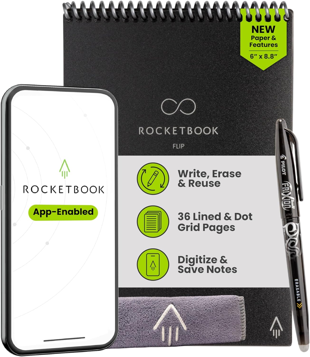 Rocketbook Flip Reusable Smart Notepad, Top Bound Notebook Executive Size 6x8.8, Black - Lined and Dotted Pages, App-Connected, Erasable, Ideal for Righties and Lefties