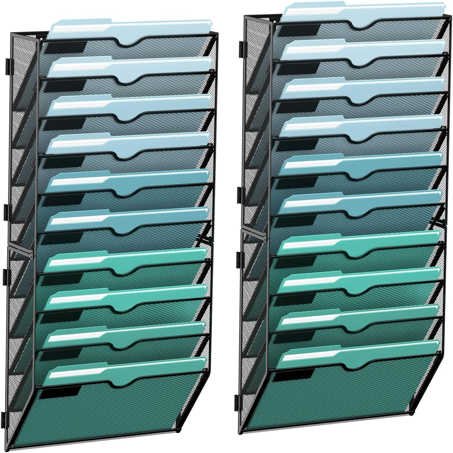 SUPEASY 10-Tier Wall File Organizer, Hanging Wall Files for Papers, Folders, Magazines, Wall Organizer for Clipboard, Assembly Needed, Black, 2 Pack