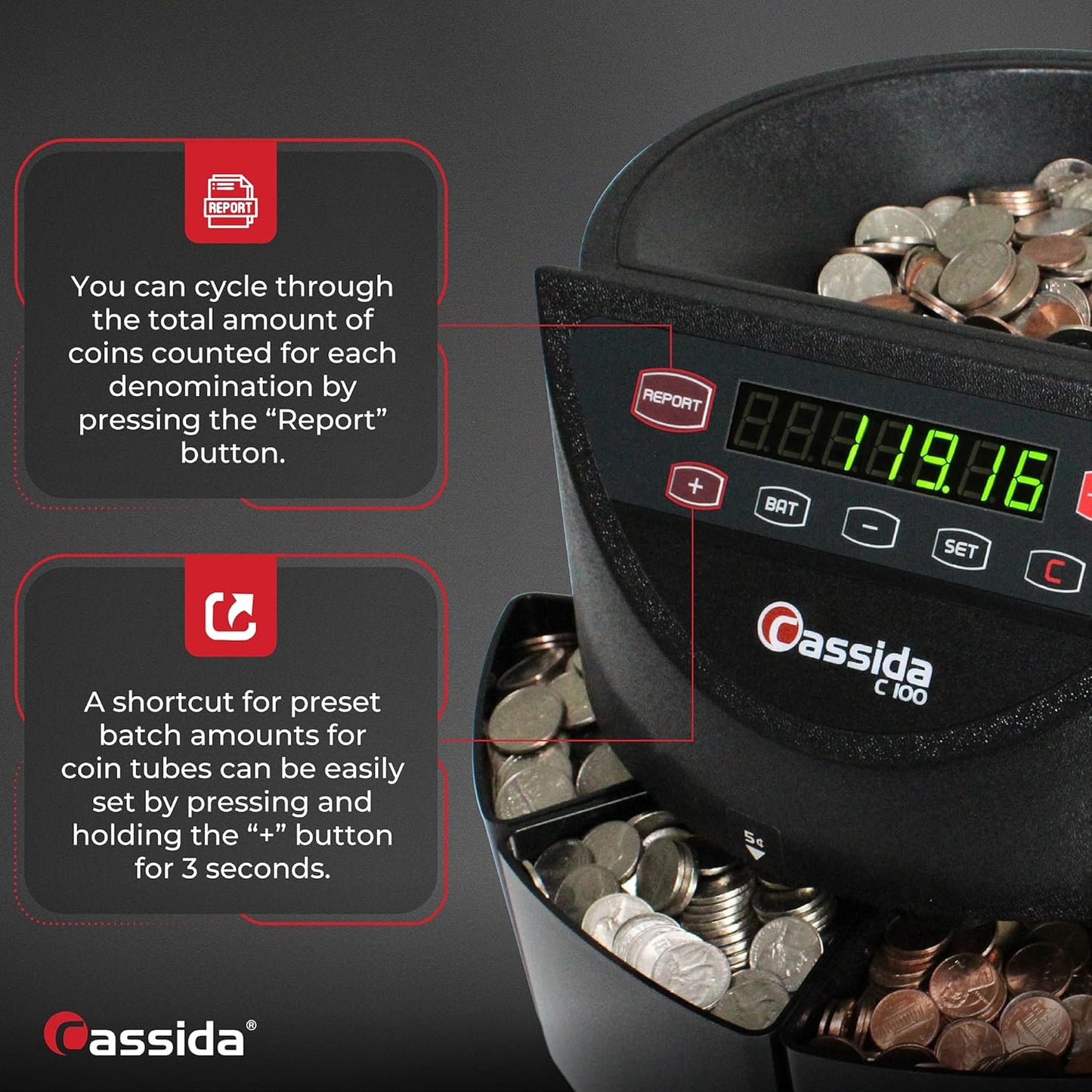 Cassida C100 Electronic Coin Sorter/Counter, Countable coins 1¢, 5¢, 10¢, 25¢, 250 coins/min, 110 VAC