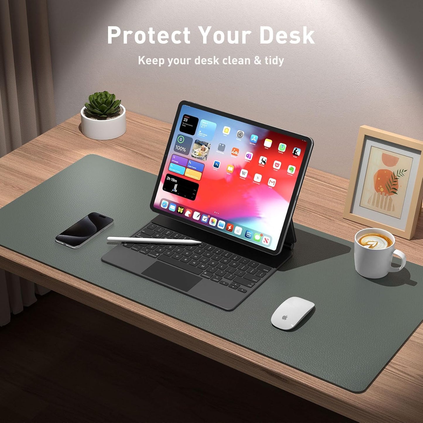 Aothia Leather Desk Protector, Mouse Mat, Non-Slip PU Leather Blotter, Laptop Desk Mat, Waterproof Writing Pad for Office and Home (Jungle Green, 36" x 17")