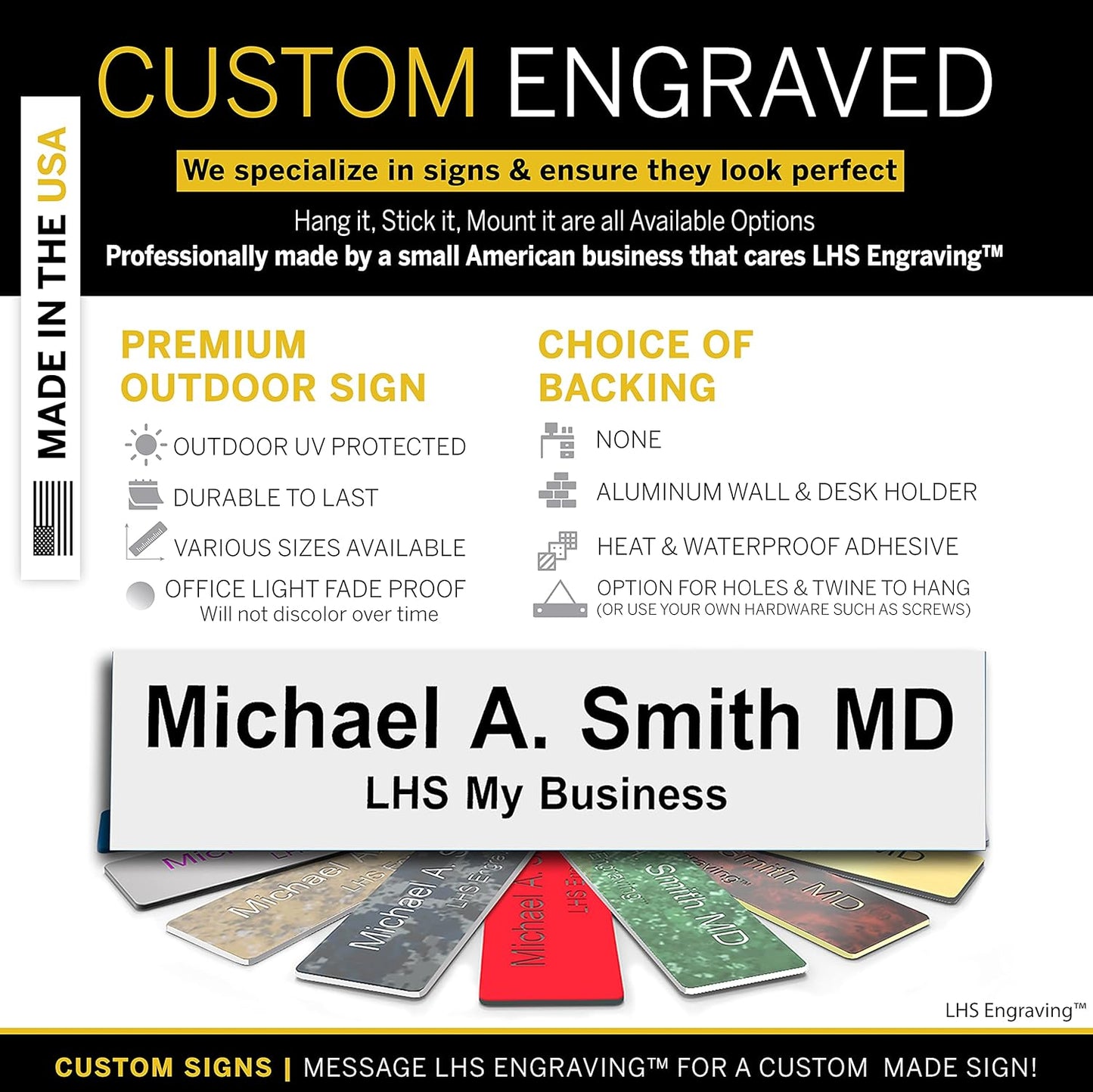 Door Name Plate Personalized for Office White Plastic Name Plate Black Letters - Made in USA 2x4 B16