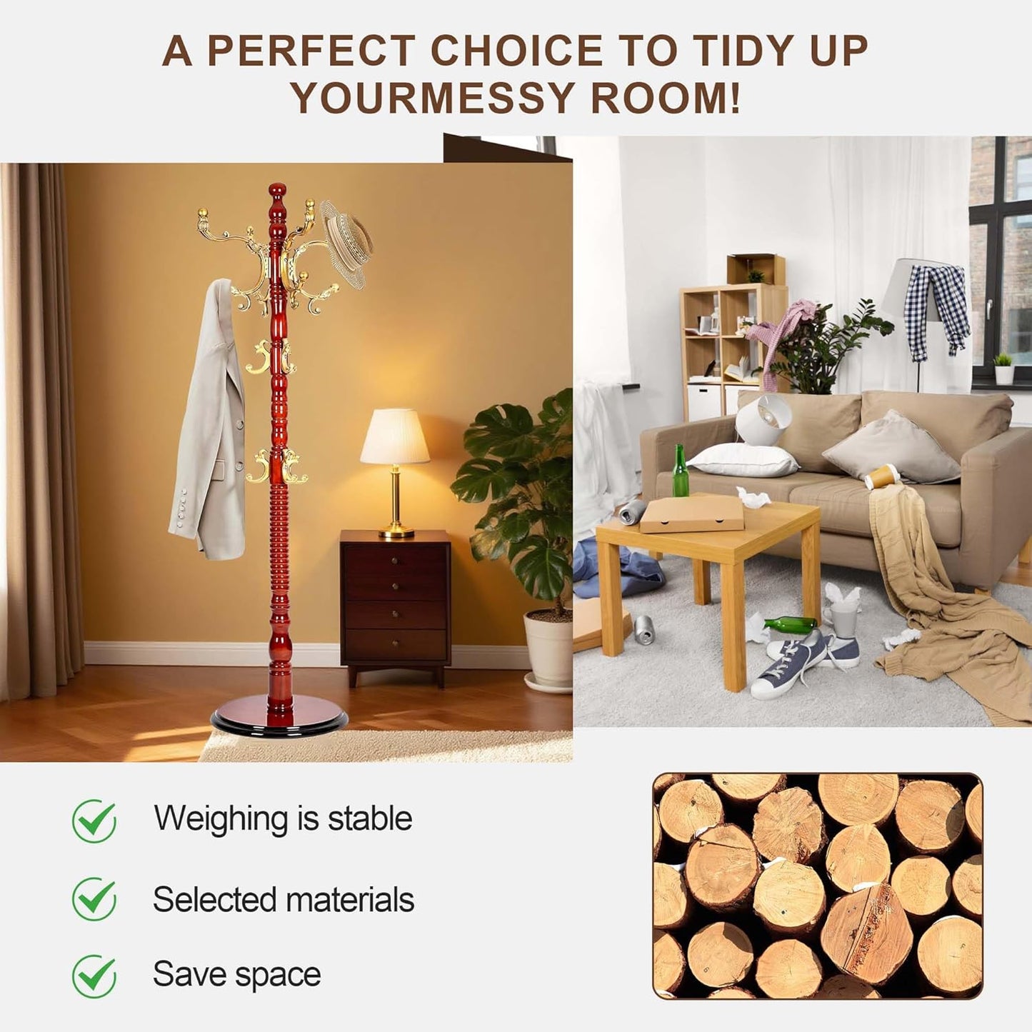 Solid Wood Coat Rack Stand with 18 Hooks, Vintage Coat Rack Freestanding with Heavy Duty Base, 3 Adjustable Height Coat Hanger Stand Hall Tree Fits Entryway Bedroom Office for Coat,Bag,Hat