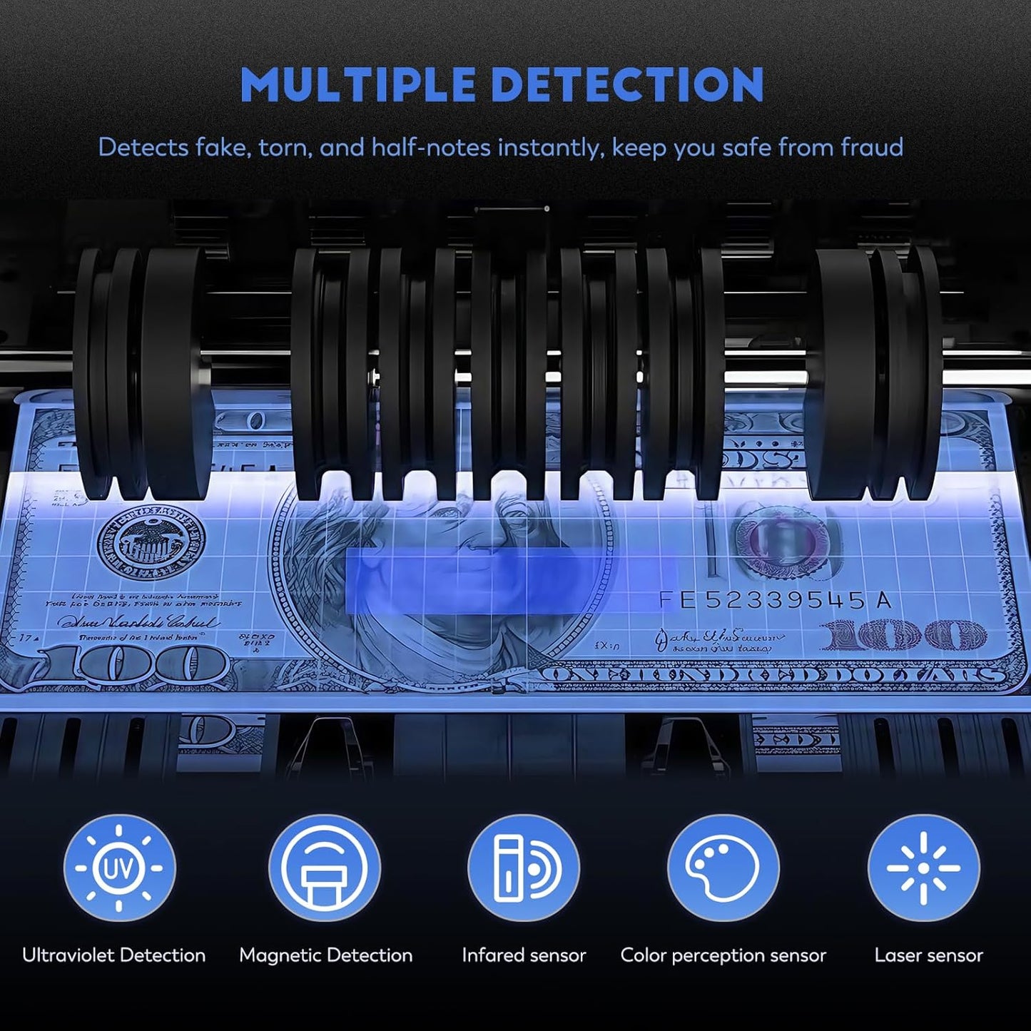Money Counter Machine with Value Count,4" LED Display,Cash Counter for Dollar/Euro with UV/MG/IR/DD Detection, Bill Counting with Count/Add/Batch/Auto Modes,Bill Counter Fast Counting 1,200/Min