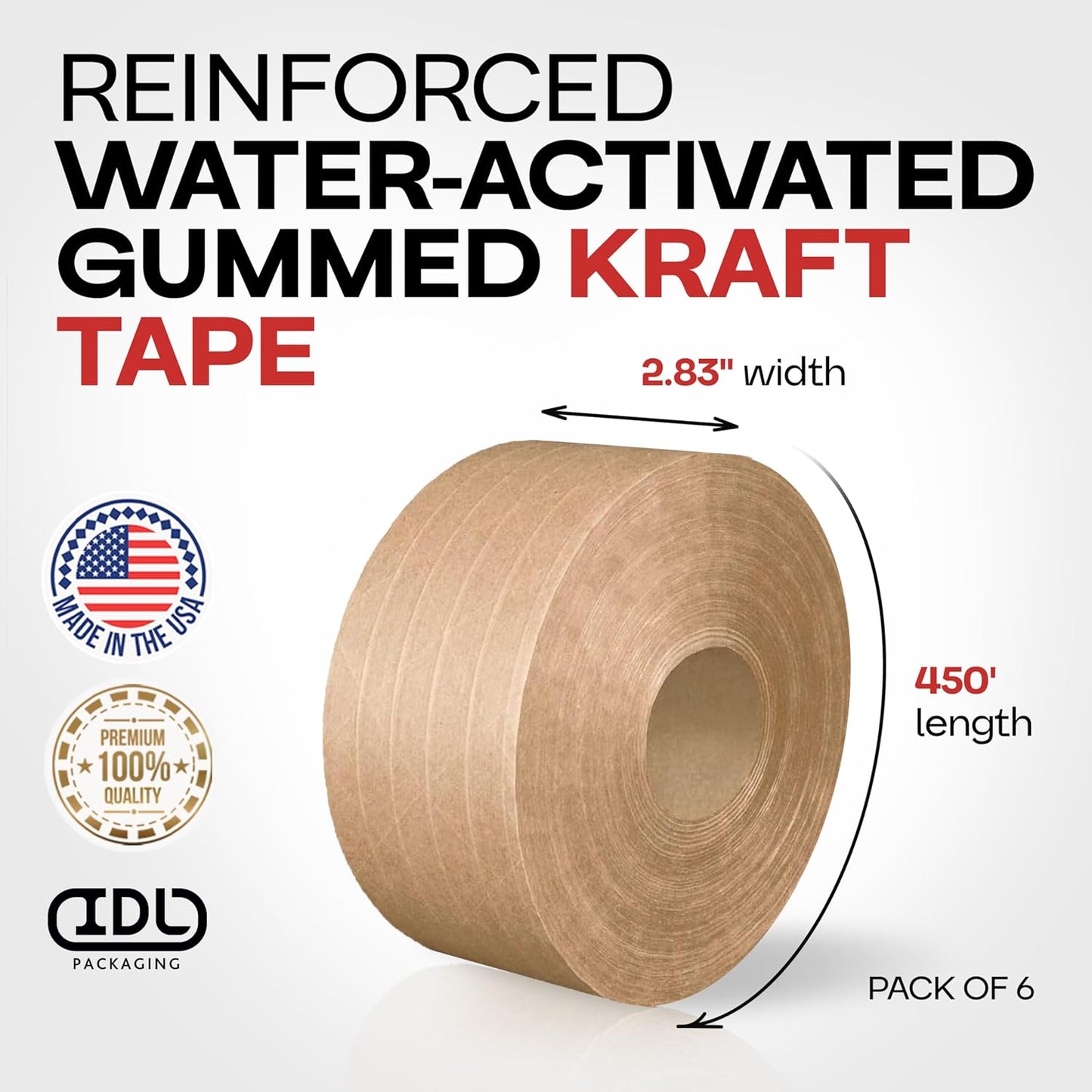 IDL Packaging 2.83" x 450 feet Reinforced Water-Activated Kraft Gummed Tape 30lb Thickness (Pack of 6) - Secure Paper Packing Tape for Secure Carton Sealing - Heavy-Duty for All Conditions, Brown