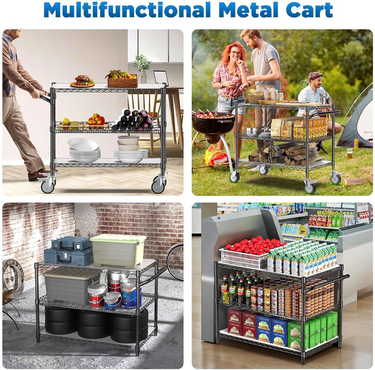 Leteuke 1120LBS Heavy Duty Rolling Utility Cart,3 Tier Rolling Carts with Wheels,NSF Commercial Grade with Handle Bar & Shelf Liners,45"x25"x39" Storage Cart for Kitchen,Restaurant,Plant Display,Black