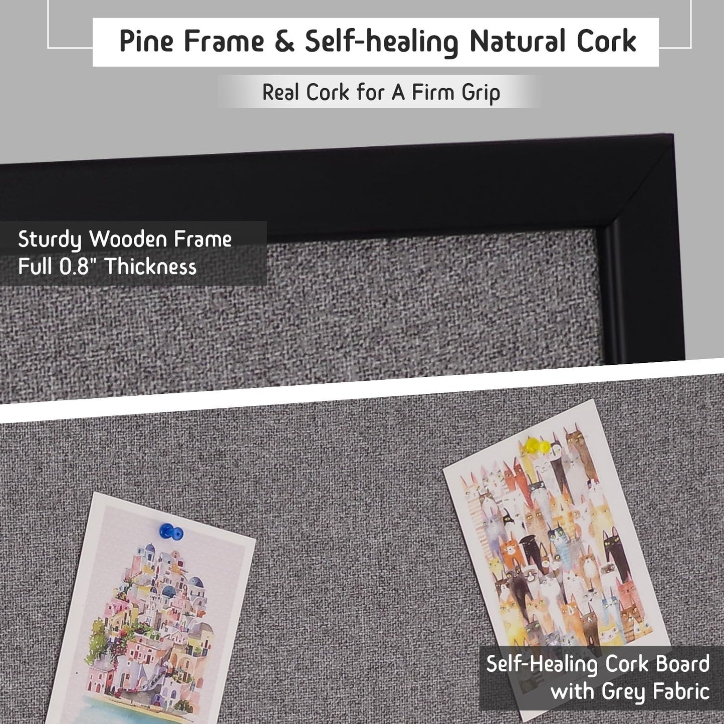 Gideal Bulletin Board 40x30 Inch, Cork Board with Grey Fabric and Pine Wood Frame, Cork Boards for Walls, Wall Mounted Fabric Notice Board for Home Office School, Vision Board and Message Organizer