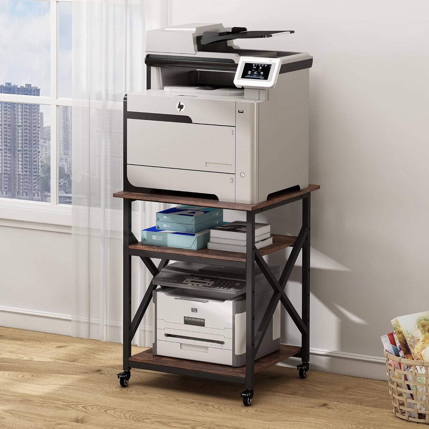 23.6 x 23.6 Inches Large Printer Stand, 3 Tier Square Printer Table with Height Adjustable Storage Shelf, Rolling Printer Cart with Industrial Wheels for Home Office - Rustic Brown