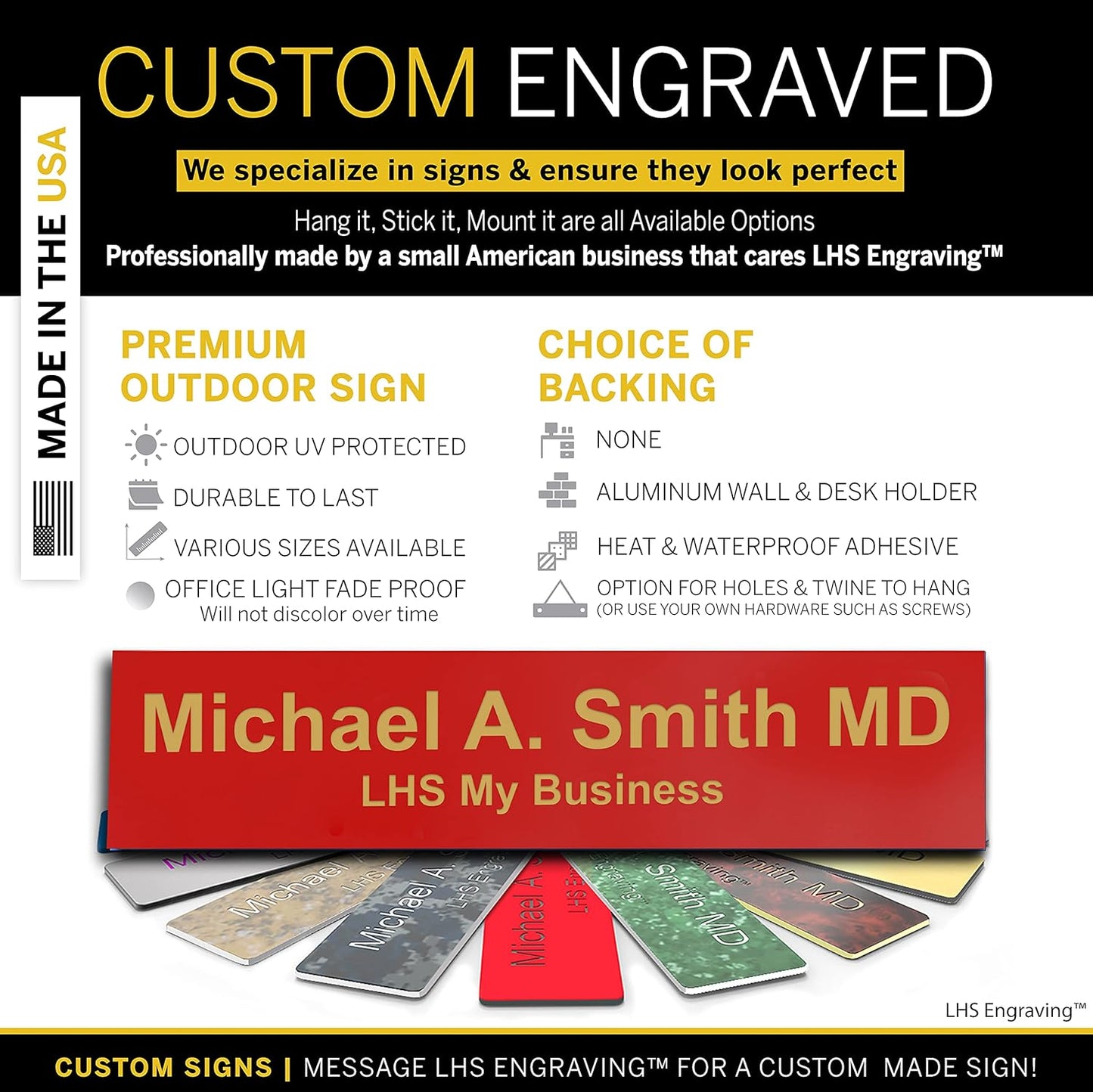 Engraved Name Plates for Door Sign Personalized Red Plastic Plaque with Gold Letters - Made in USA 2x6 B17