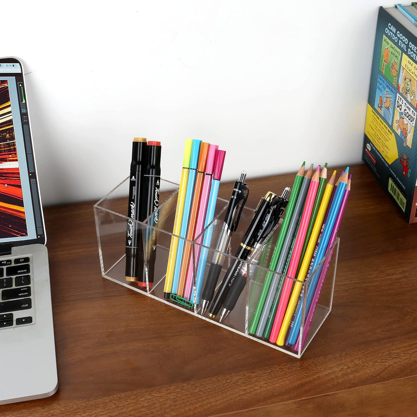 Clear Acrylic Pen Holder Handmade, 4 Slot Pencil Organizer Countertop, Pencil Stationery Organizer for Office Accessory, Makeup Cosmetic Brushes Storage, Clear Vanity Organizer for Bathroom (Clear)