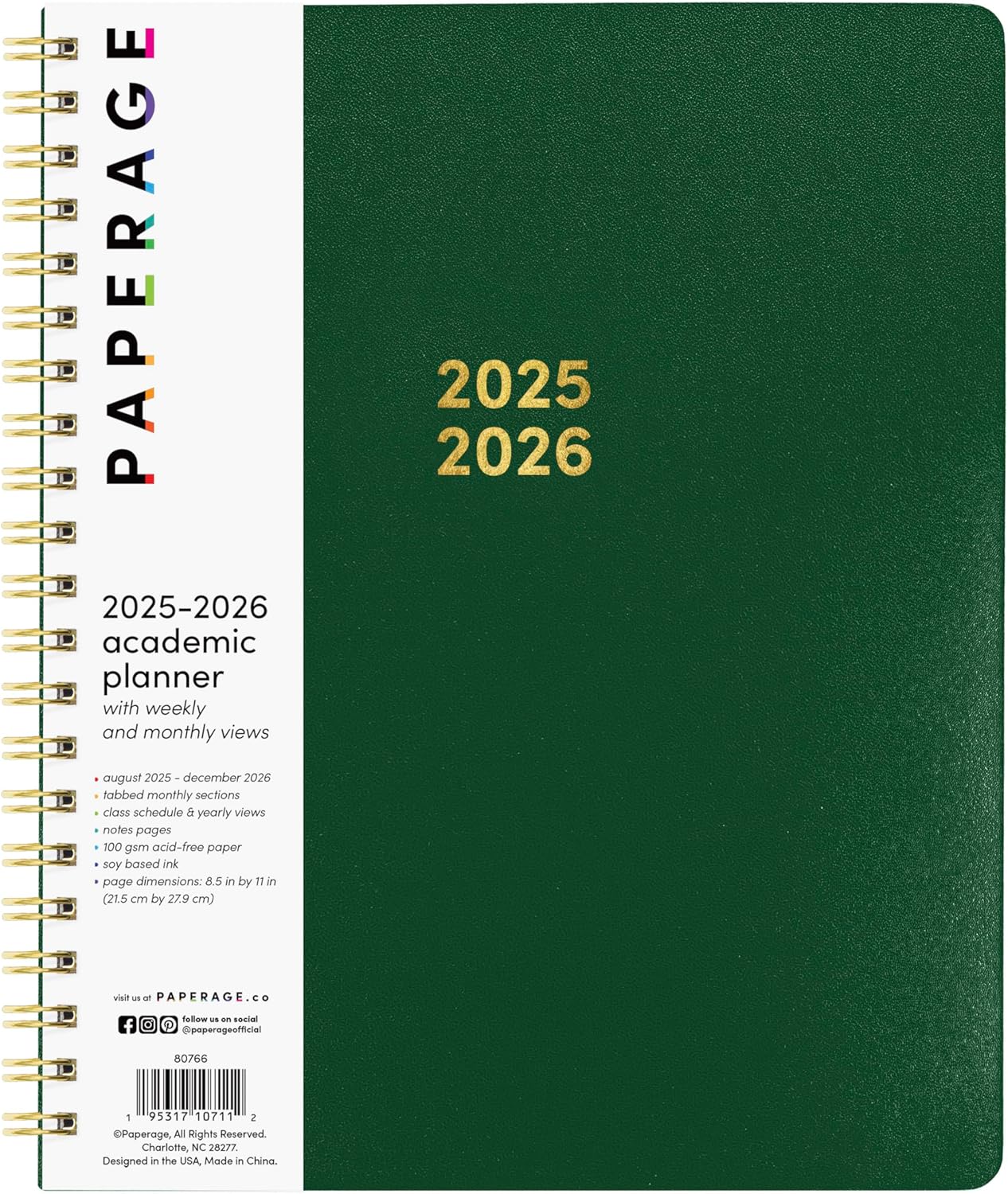 PAPERAGE 17 Month Academic Planner 2025-2026, Weekly & Monthly Spreads, August 2025 - December 2026, Large (8.5 in x 11 in), Dark Green