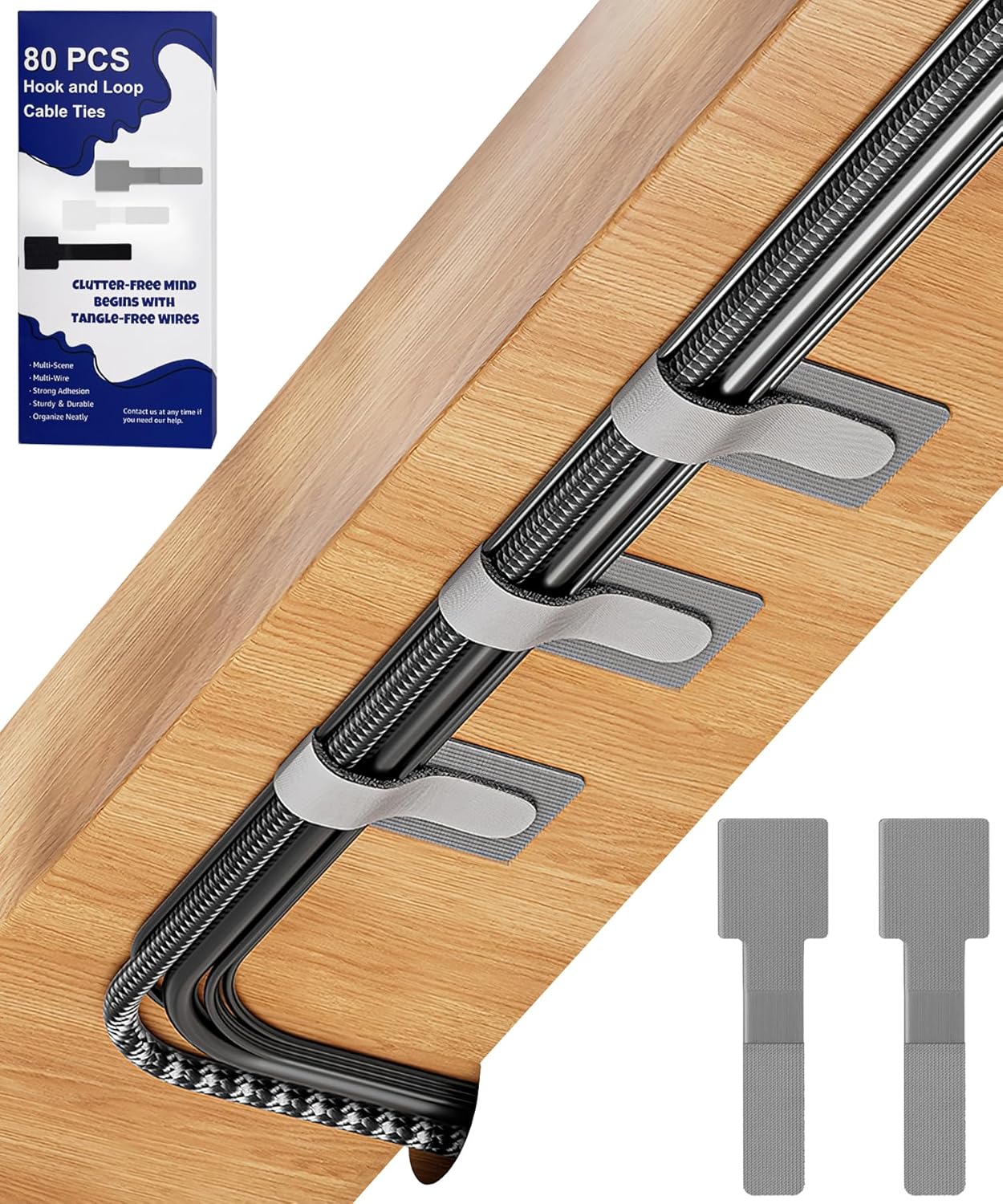 80PCS Hook and Loop Cable Ties, Hook and Loop Cable Straps, Under Desk Cable Management, Adhesive Cable Clips, Sticky-Back Cord Organizer for Desk, Household & Office Organization (Gray)
