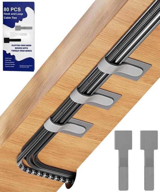 80PCS Hook and Loop Cable Ties, Hook and Loop Cable Straps, Under Desk Cable Management, Adhesive Cable Clips, Sticky-Back Cord Organizer for Desk, Household & Office Organization (Gray)