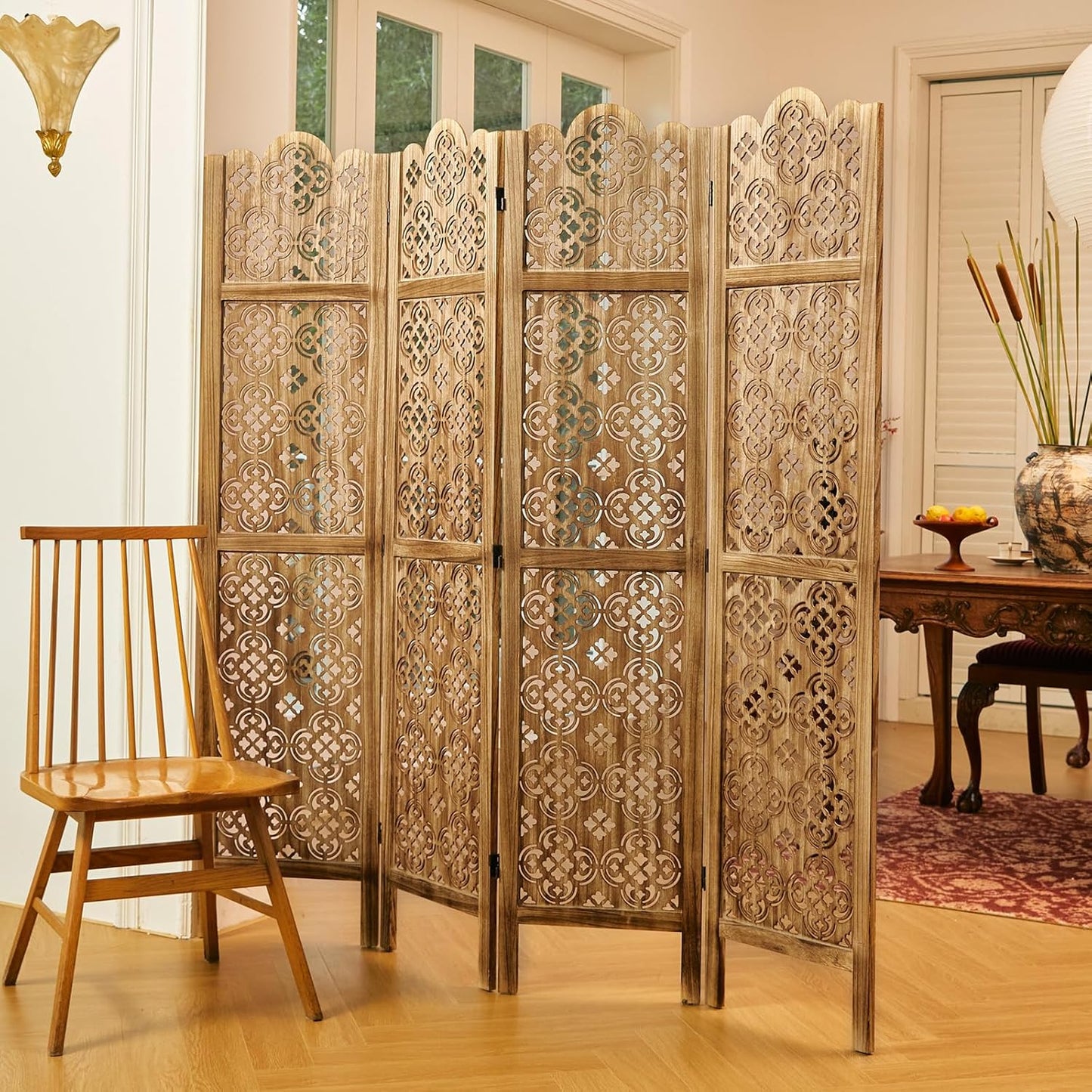 68.9Inch Folding Room Divider, 4 Panels Wood Carved Privacy Screens - Ideal Decorative Partition for Home, Office, Restaurant, Bedroom (Dark Brown)