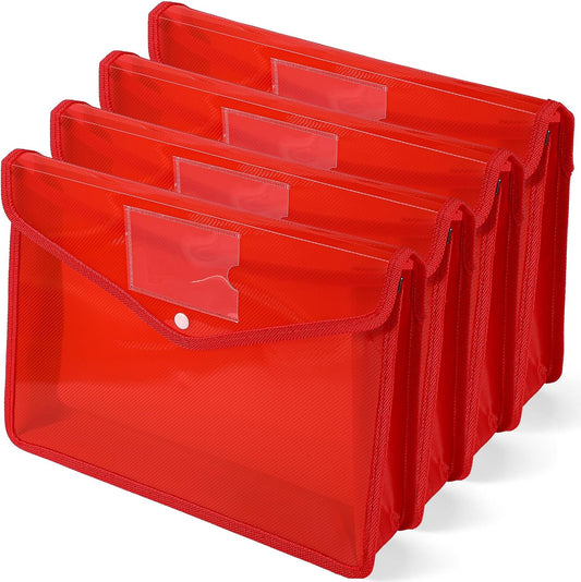 4 Pack A4 Expanding Plastic File Folders Waterproof Document Organizer with Snap Button Multiple Pockets, Office Home Office Storage (Red)