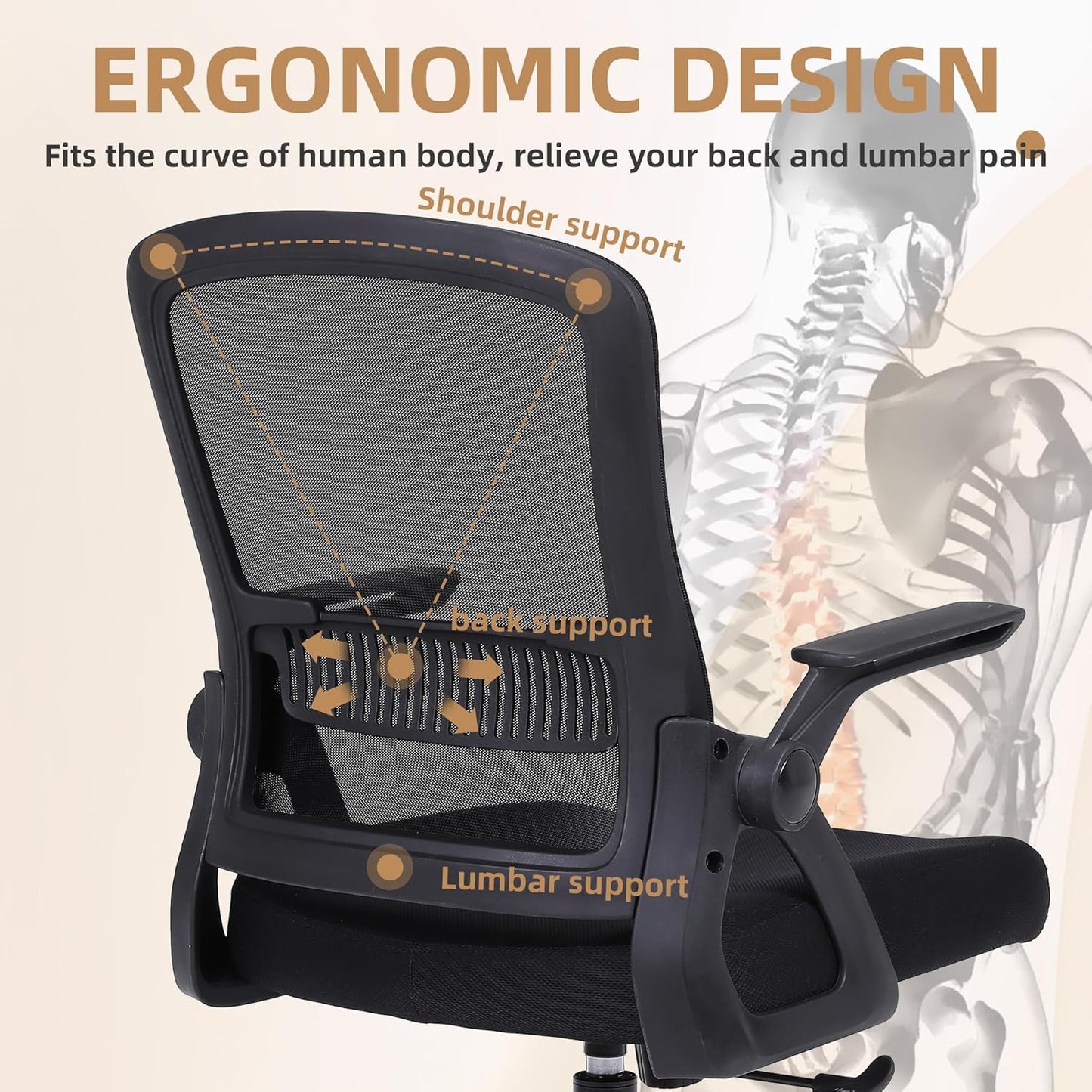 Ergonomic Desk Chair with Lumbar Support, Breathable Mesh with Flip-up Armrests and Mid Back, Comfortable Task Computer Height Adjustable Swivel Chair (10, Black)