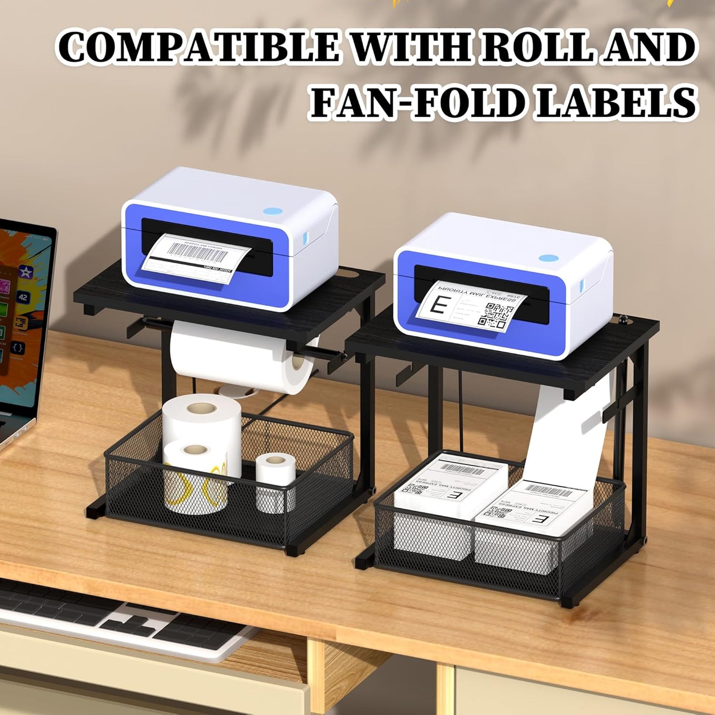 Label Holder for Rolls and Fan-Fold Labels, Shipping Thermal Label Holder with Drawer for Desktop Thermal Printer, Sticker Roll Holder, Label Printer Accessory Supplies for Home, Office Small Business