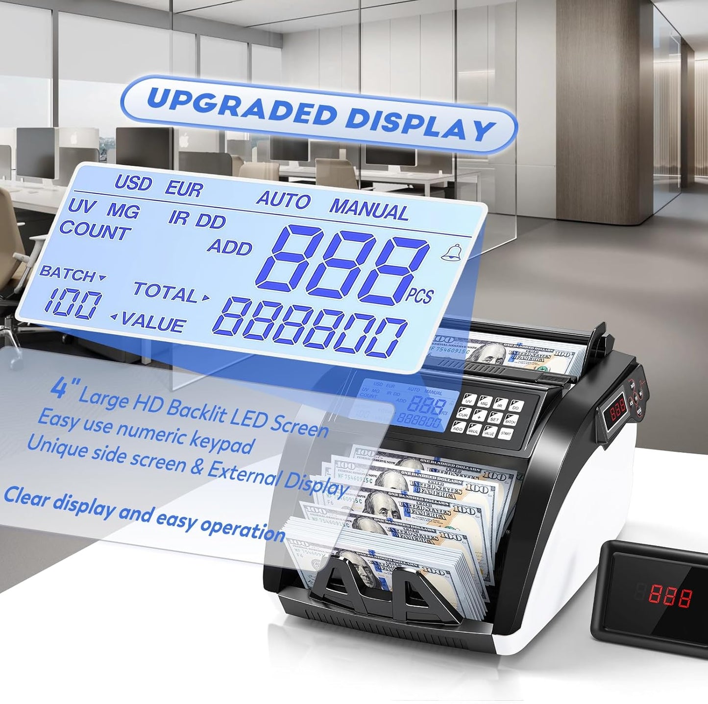 Money Counter Machine with Value Count,4" LED Display,Cash Counter for Dollar/Euro with UV/MG/IR/DD Detection, Bill Counting with Count/Add/Batch/Auto Modes,Bill Counter Fast Counting 1,200/Min