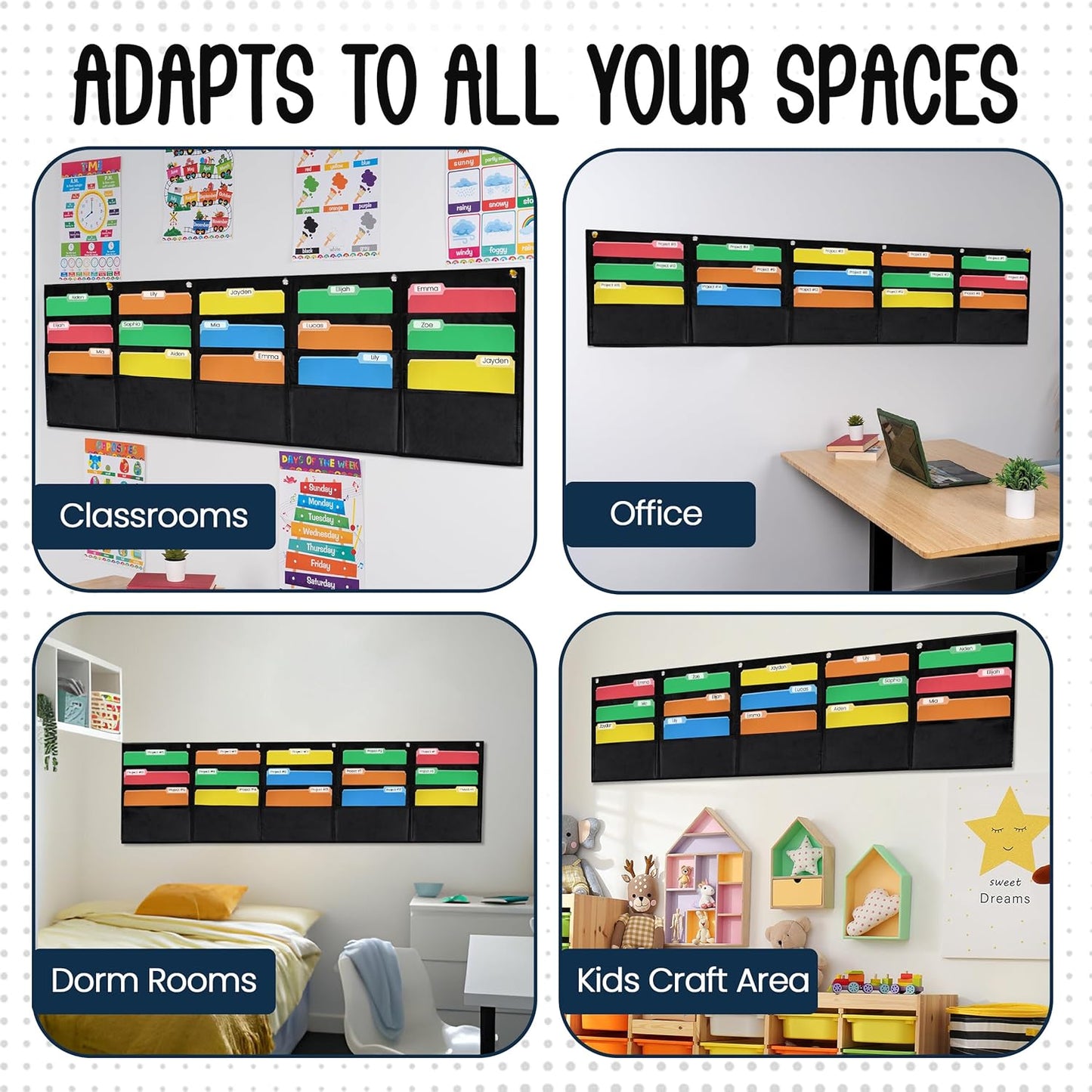 Essex Wares - 15 Pocket Horizontal File Hanging Paper Organizer for Letter Documents, Black, 68.4" Wide x 18.6" - Hanging Pocket File Organizer - Black Pocket Chart for Classroom & Office - 15 Pockets