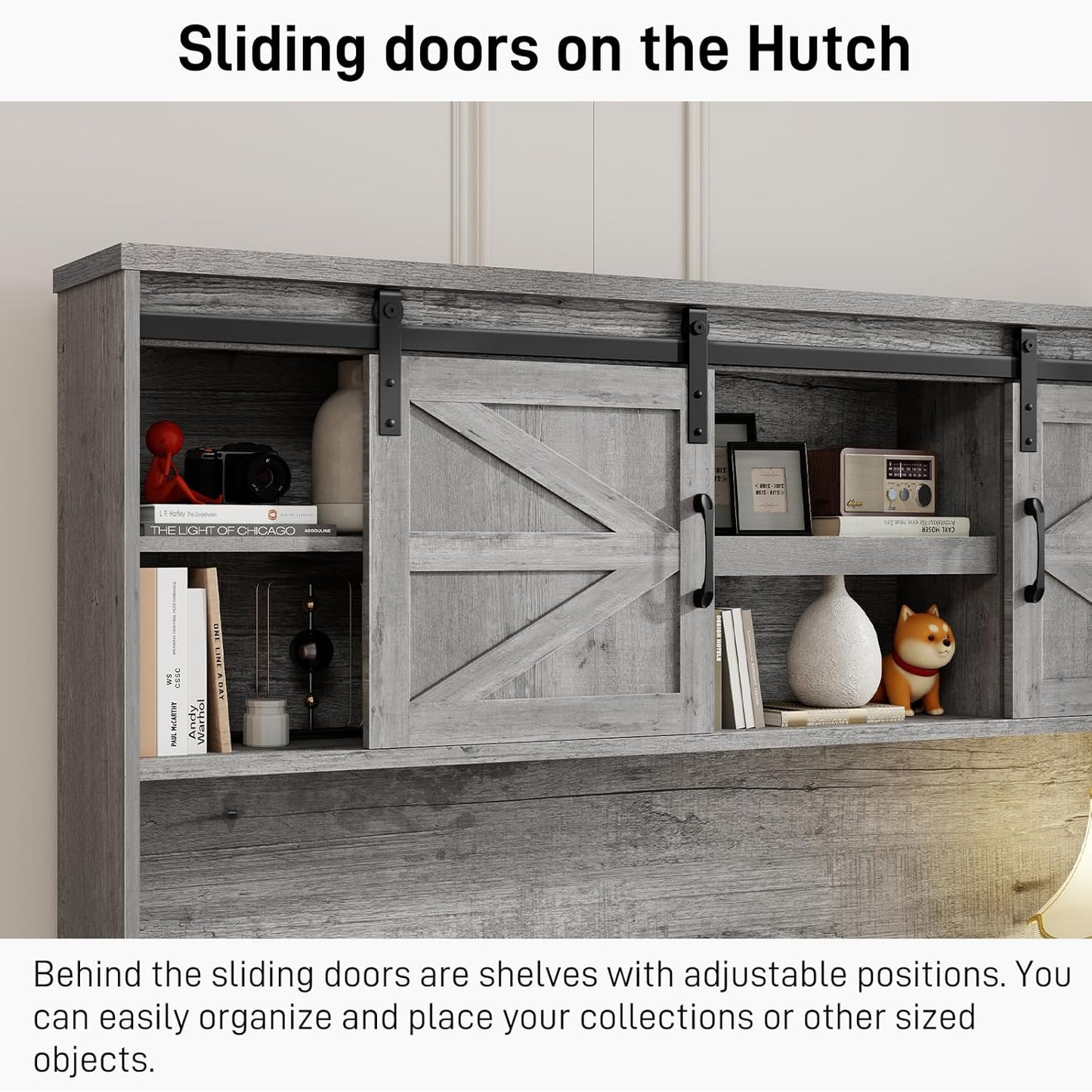 Farmhouse 67''H Executive Desk with Hutch & 5 Drawers, Rustic Office Desks Computer Desks with Charging Station, File Drawers and Storage Cabinets, Wood Workspace for Home Office & Study.（Grey）.