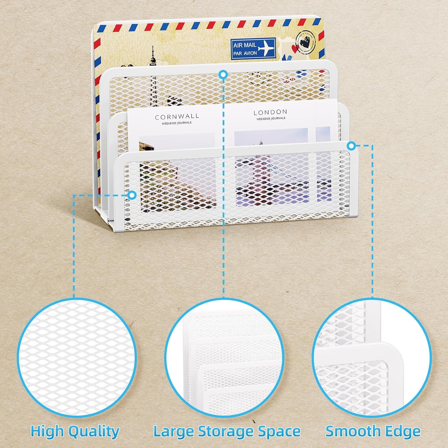 Marbrasse Mail Organizer for Desk, 3-Slot Mesh Metal Mail Holder countertop, Letter Holder, Office Desktop Envelope and Document Storage Rack (White)