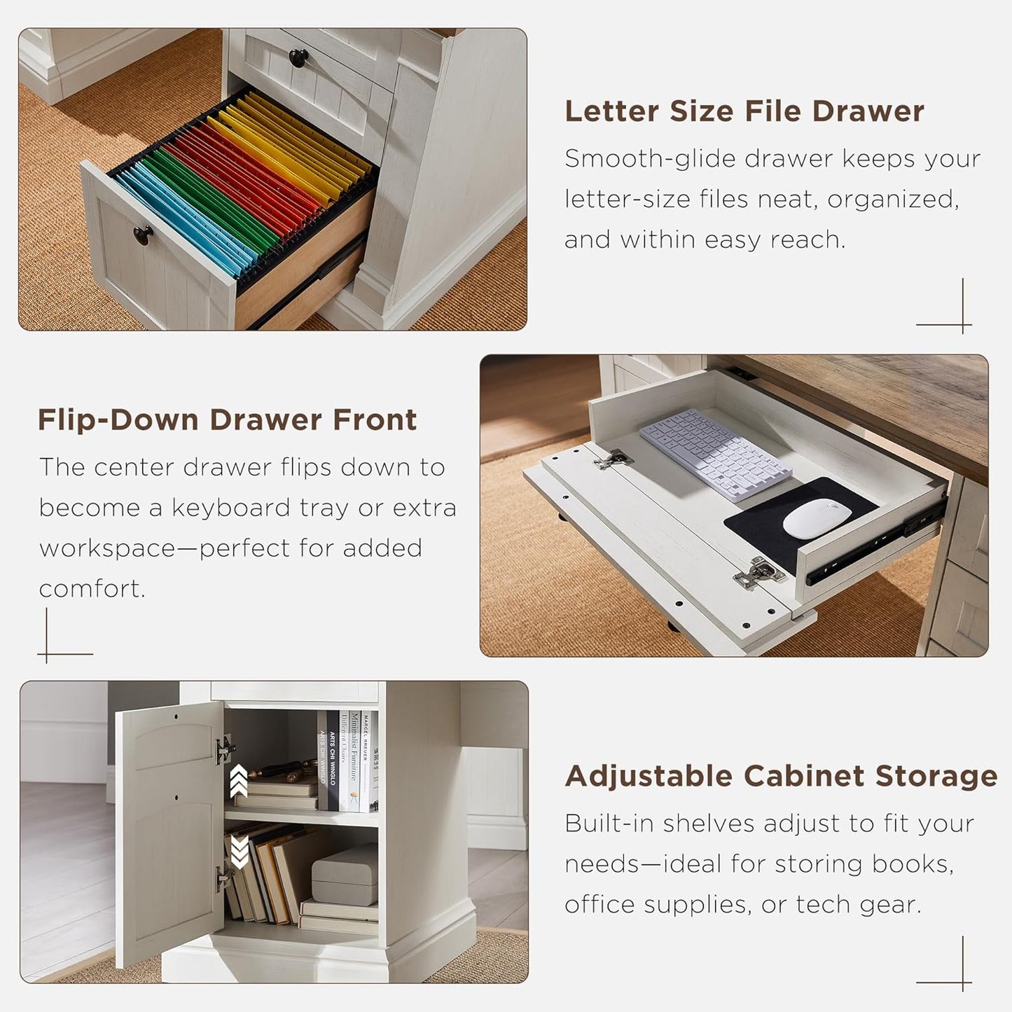 OKD 60" Executive Desk with Drawers, Farmhouse Home Office Desk with Charging Station, Keyboard Tray, File Cabinet Storage, Wood Computer Desk for Work and Study, Antique White