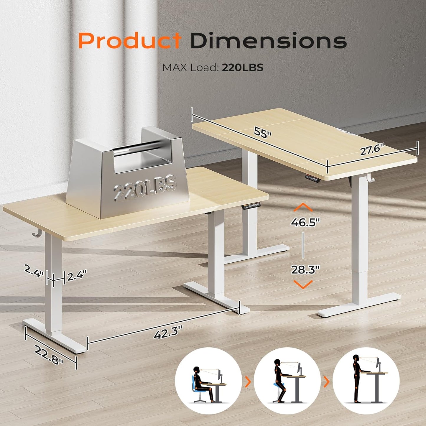 Huuger 55 x 28 Large Electric Standing Desk, Height Adjustable Desk, 27.6" Deep Desktop, Stand up Gaming Computer Office Desk with 2 Hooks, 3 Preset Heights, for Home Office, Natural