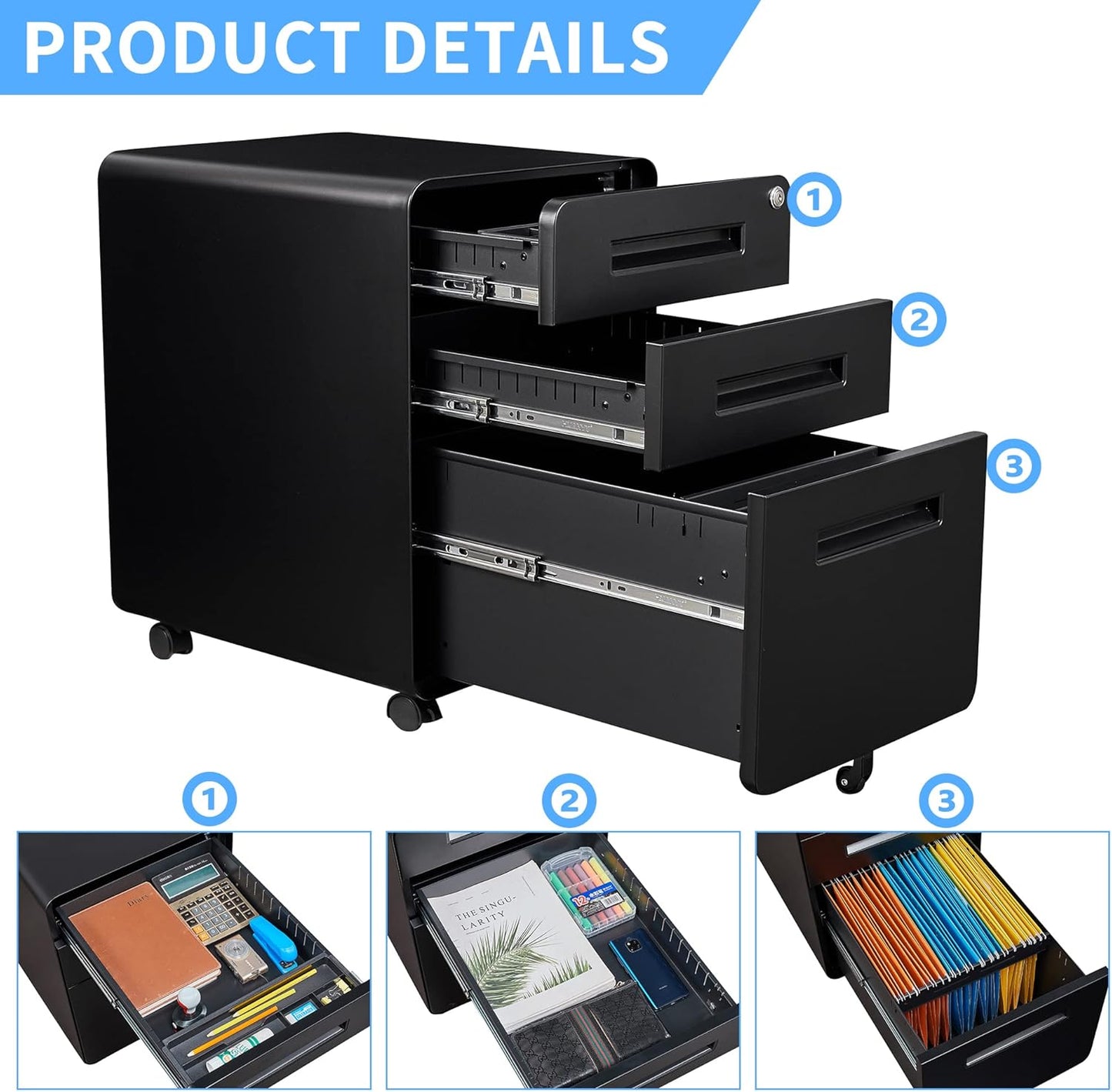 Letaya File Cabinet, 3 Drawer Filing Cabinets for Home Office with Lock Mobile Under Desk Fully Assembled Cabinet (Black)