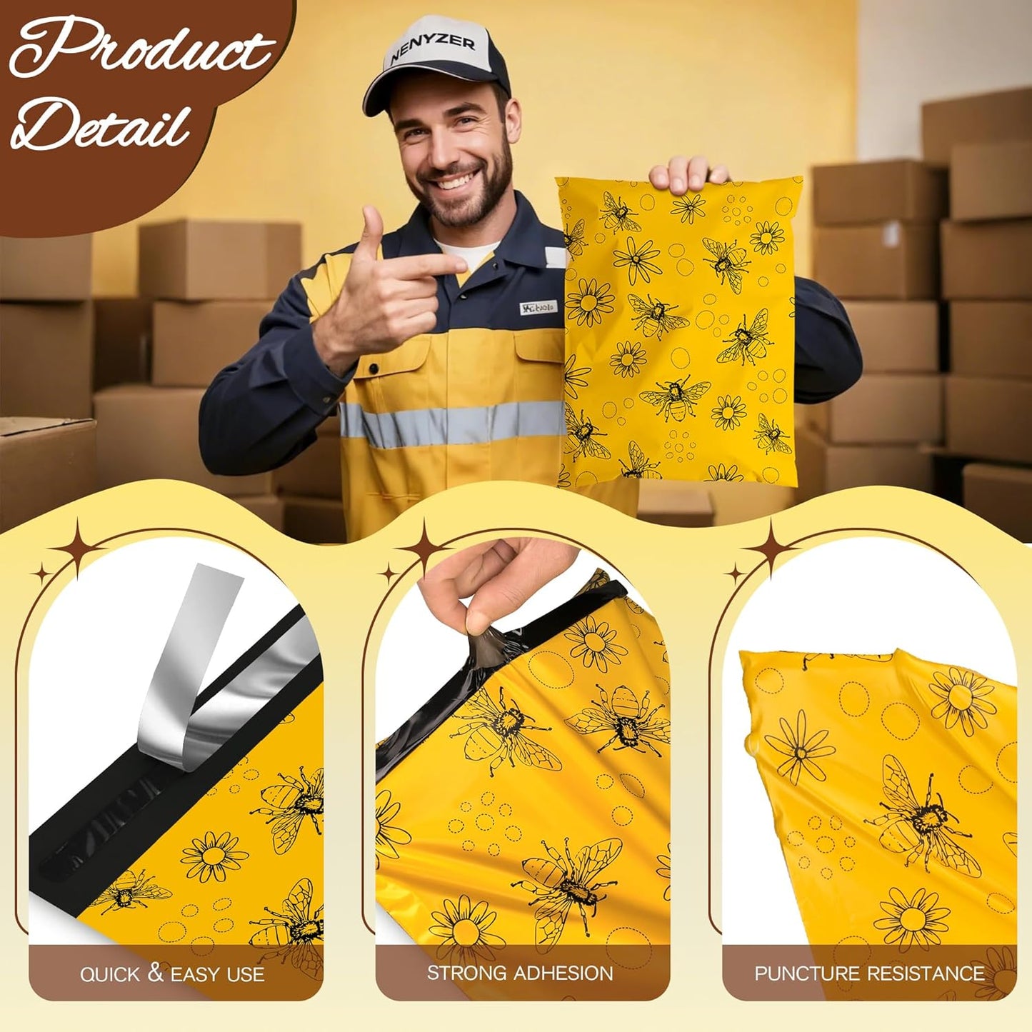 Bees Poly Mailer 10x13 Inch 100 Pcs, Waterproof Shipping Bags for Clothing, Tear-Resistant Mailier Bags, Strong Mailing Bags with Self-Seal