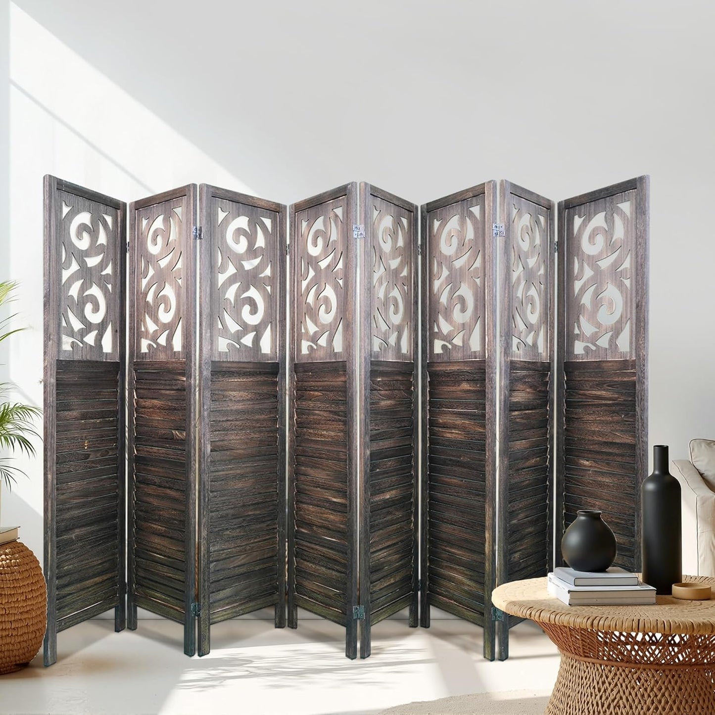 8 Panel Room Divider, 5.6FT Folding Carved Room Divider Screen, Free Assembled Freestanding Partition for Home Office Bedroom, Brown