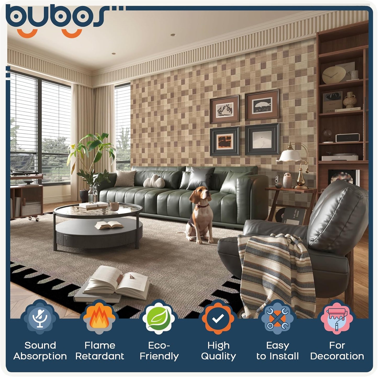 BUBOS Large Acoustic Panels,6 Pack Wood-Pattern Printing Soundproof Wall Panels, Total Size 70.8 x 47.2 Inches Self-Adhesive Decorative Sound Absorbing Panels for Studio, Home,36-Cell Parquet Weave