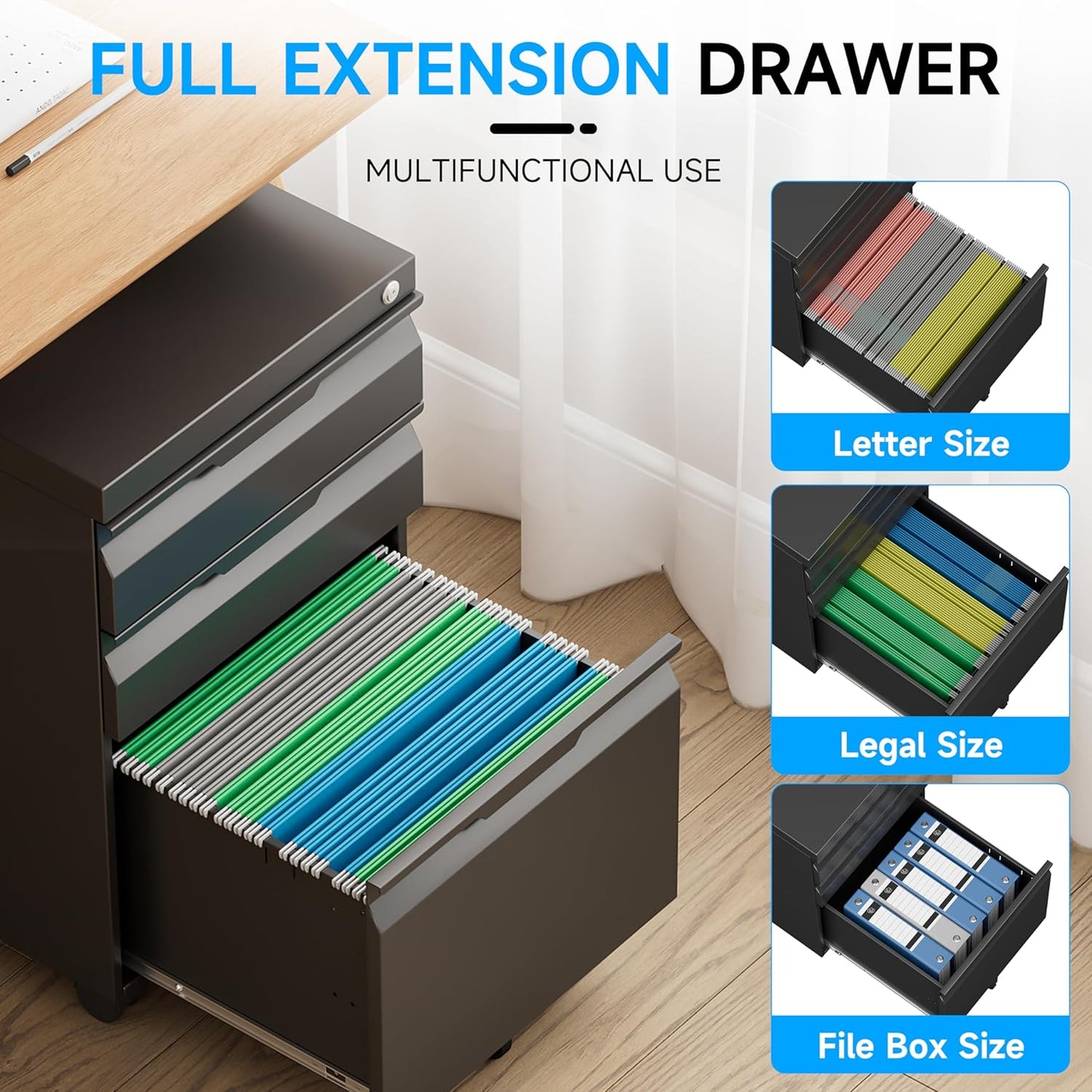 3 Drawer File Cabinet on Wheels, Mobile File Cabinet with Lock for Letter/Legal/A4 File, Metal Rolling File Cabinets for Home Office (Black)