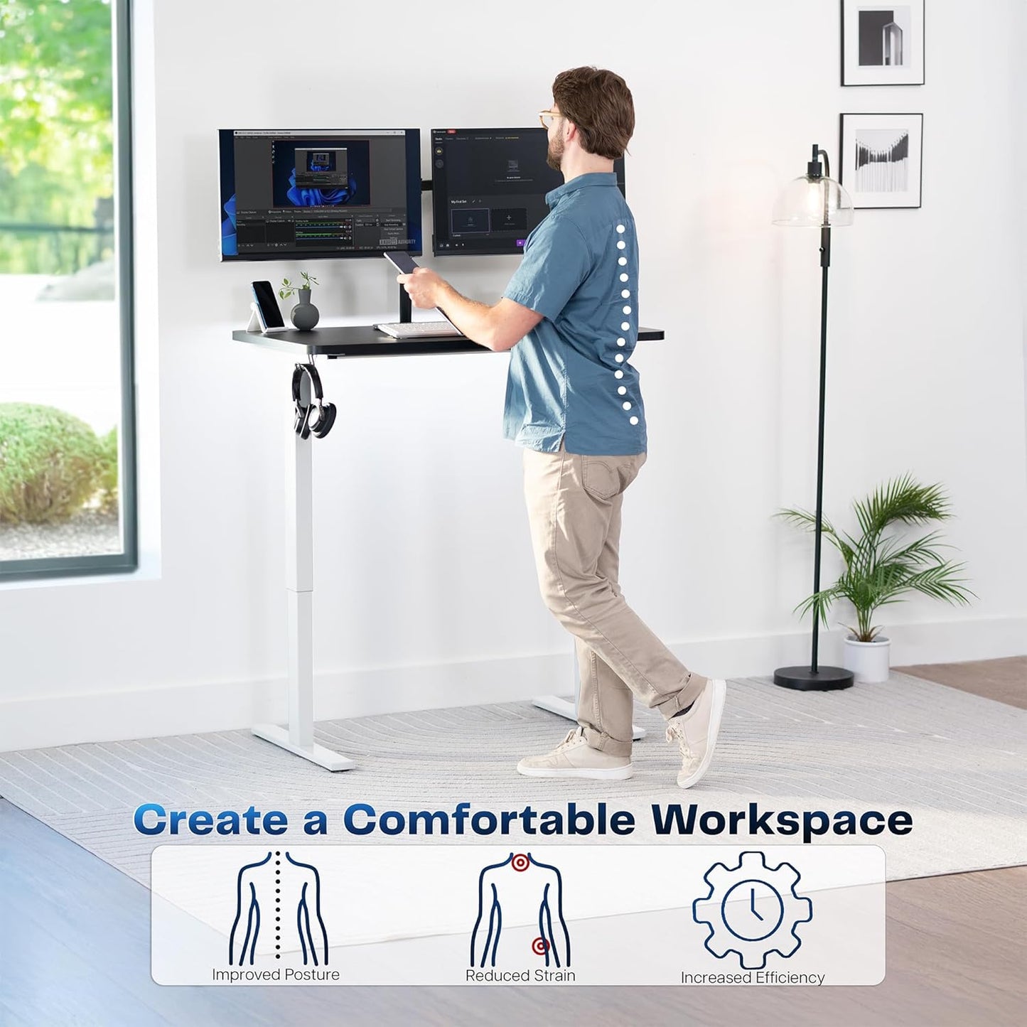 VIVO Electric 43 x 24 in Standing Desk, Memory Height Adjustment, 1B Series, One-Piece Black Top, White Frame, DESK-KIT-1W4B