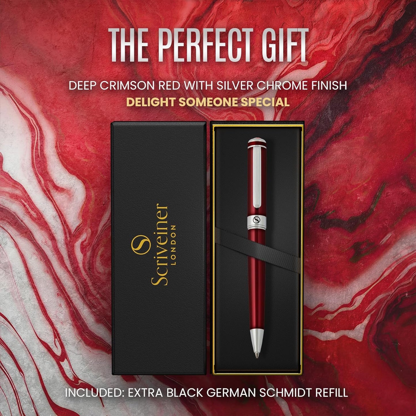 Scriveiner Deep Crimson Ballpoint Pen - Stunning Red Lacquer Luxury Pen, Chrome Finish, Schmidt Black Refill, Best Ball Pen Gift Set for Men & Women, Professional Executive Office, Nice Designer Pen