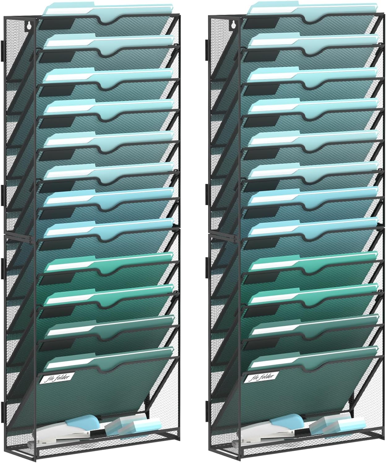 SUPEASY 13-Tier Wall File Organizer, Hanging Wall Files for Papers, Folders, Magazines, Wall Organizer for Clipboard, Assembly Needed, Black, 2 Pack