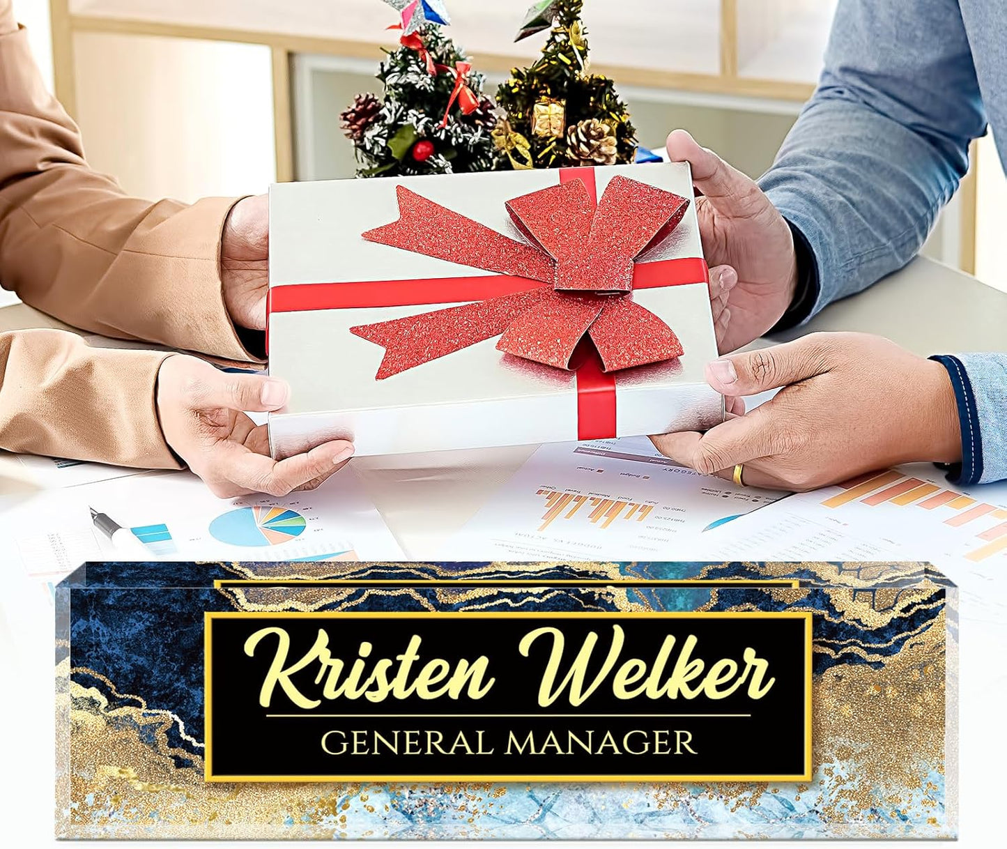 Name Plate for Desk, Desk Name Plate Personalized, Office Decor for Women Men, Acrylic Desktop Accessories, Office Appreciation Gifts for Boss Social Workers Nurse Teacher Employee (Blue/Gold)