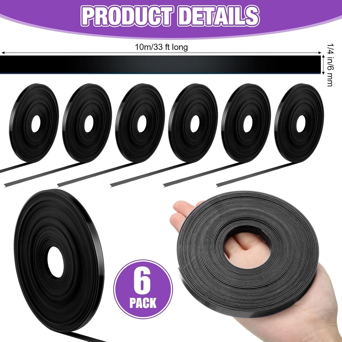 6 Rolls Magnetic Tape Roll Thin Strips, 33 ft Magnetic Whiteboard Graphic Decorative Tape Marking Line Magnet Board Dividers for Classroom Office Art Accessories(Black,0.24 Inch)